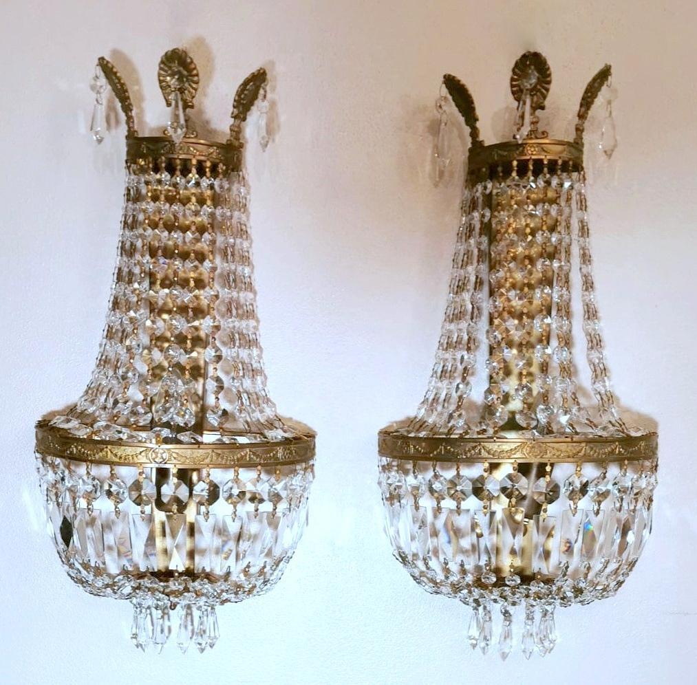 Faceted Louis XVI Style Pair of French Balloon Sconces in Brass and Crystal