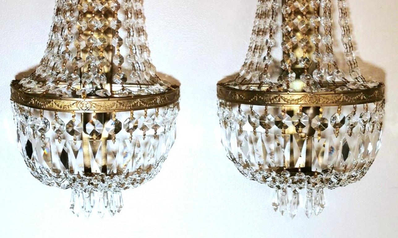 20th Century Louis XVI Style Pair of French Balloon Sconces in Brass and Crystal