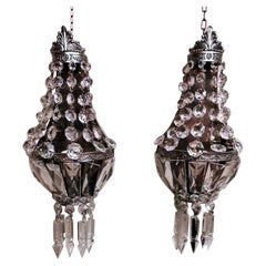 Louis XVI Style Pair of French Balloon Sconces Silvered Brass and Crystal