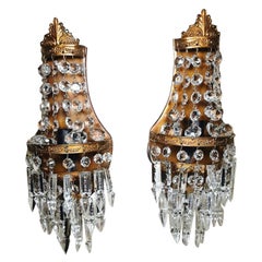 Louis XVI Style Pair of French Balloon Wall Sconces Brass and Crystal