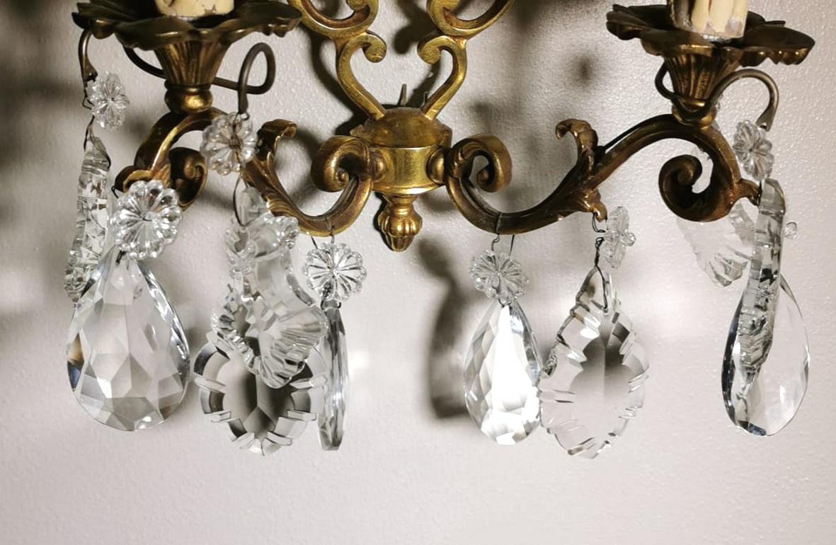 Louis XVI Style Pair of French Wall Sconces in Brass and Crystals For Sale 6