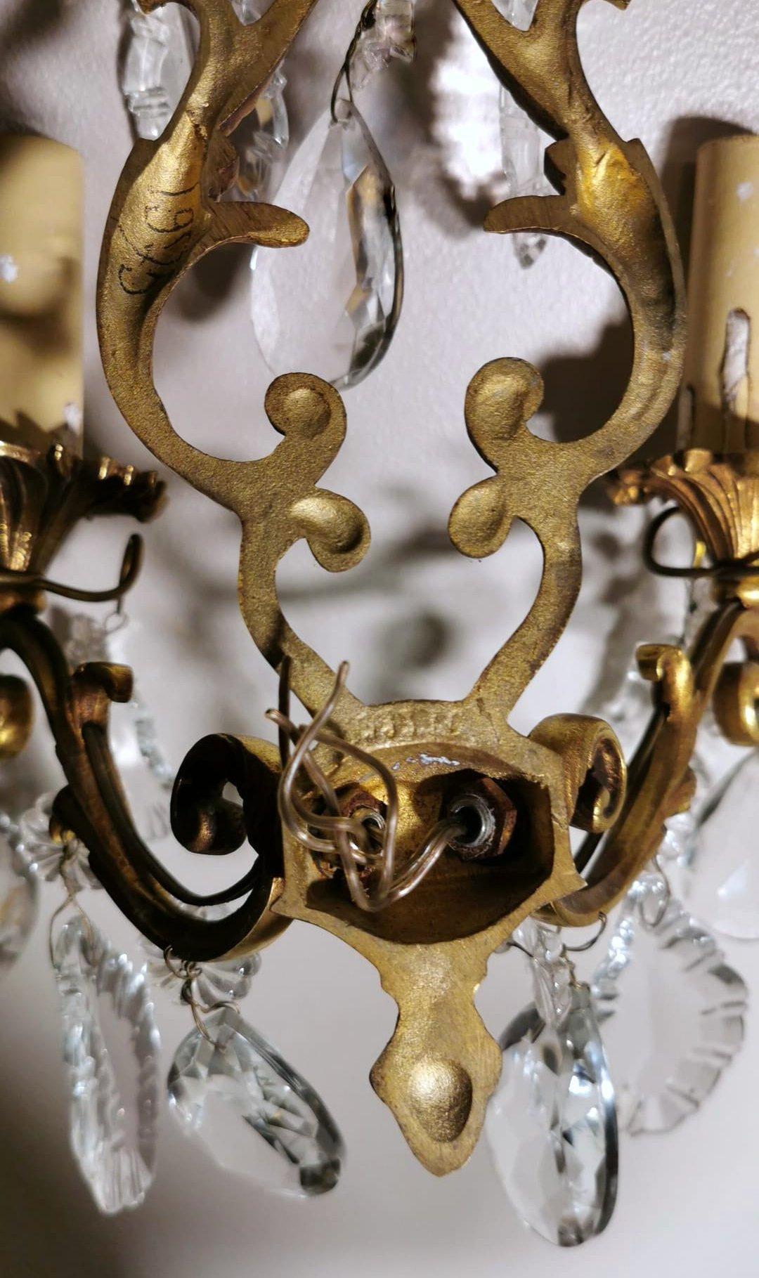 Louis XVI Style Pair of French Wall Sconces in Brass and Crystals For Sale 13