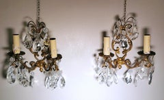 Louis XVI Style Pair of French Wall Sconces in Brass and Crystals
