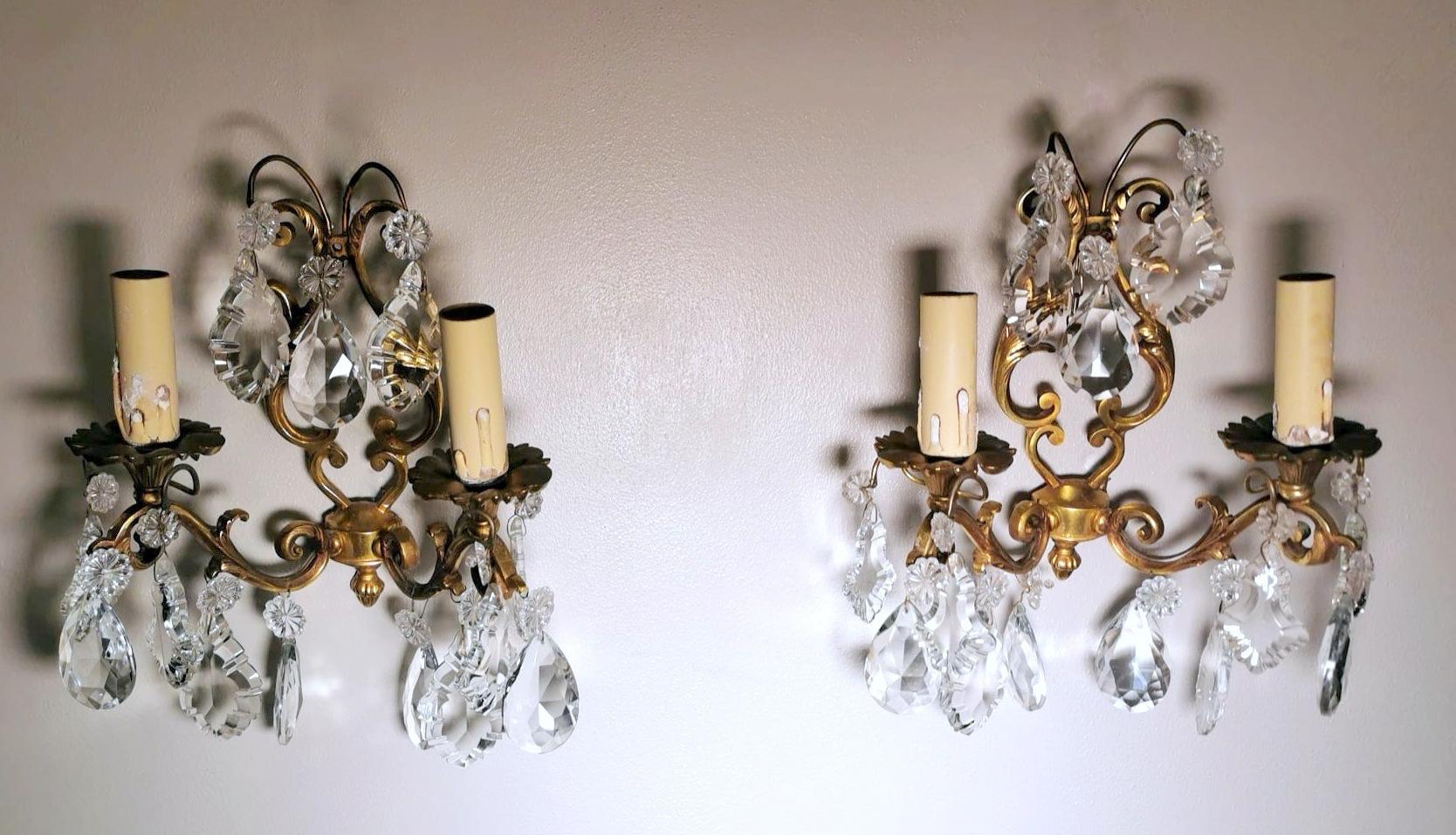 Hand-Crafted Louis XVI Style Pair of French Wall Sconces in Brass and Crystals For Sale