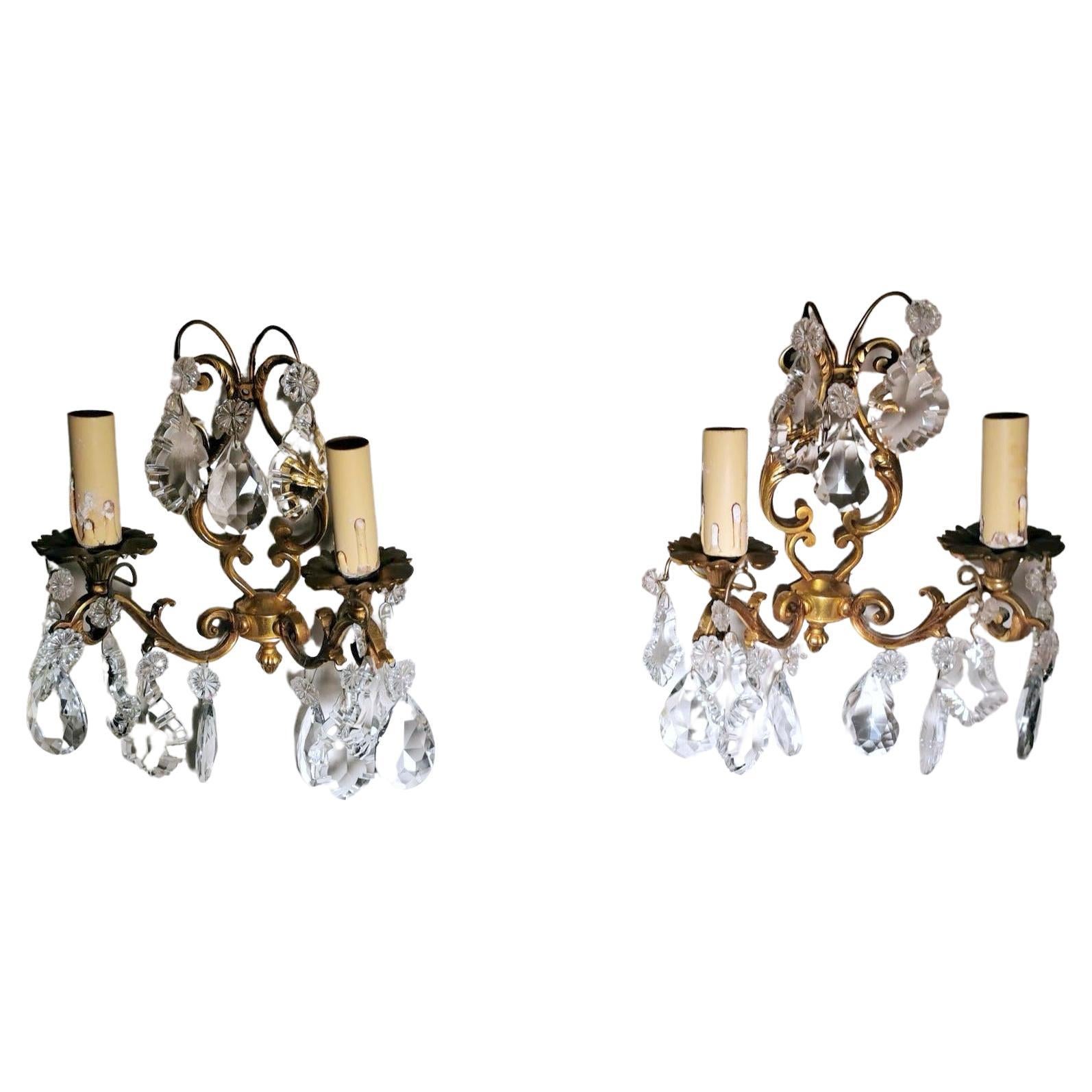 Louis XVI Style Pair of French Wall Sconces in Brass and Crystals For Sale