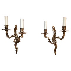 Antique Louis XVI Style Pair of French Wall Sconces in Gilded and Chiseled Bronze
