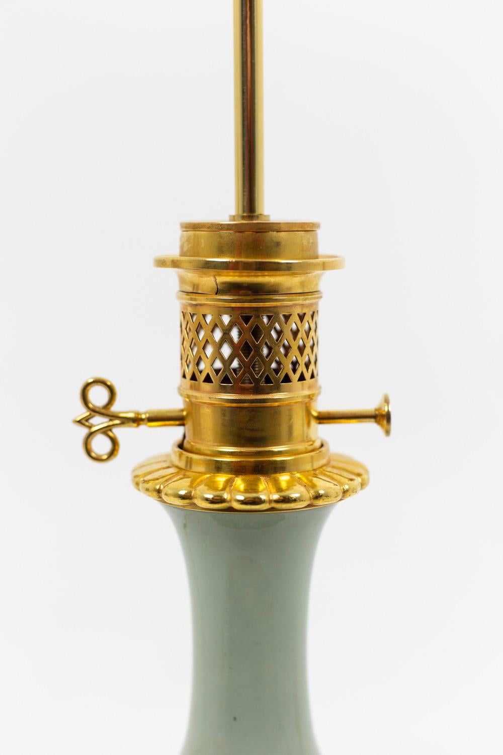 European Louis XVI Style Pair of Lamps in Celadon Porcelain, circa 1880