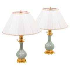 Louis XVI Style Pair of Lamps in Celadon Porcelain, circa 1880
