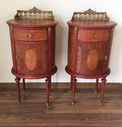Louis XVI Style Pair of Marquetry Nightstands with Bronze Crest