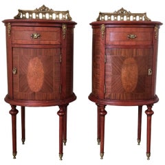 Louis XVI Style Pair of Marquetry Nightstands with Bronze Crest