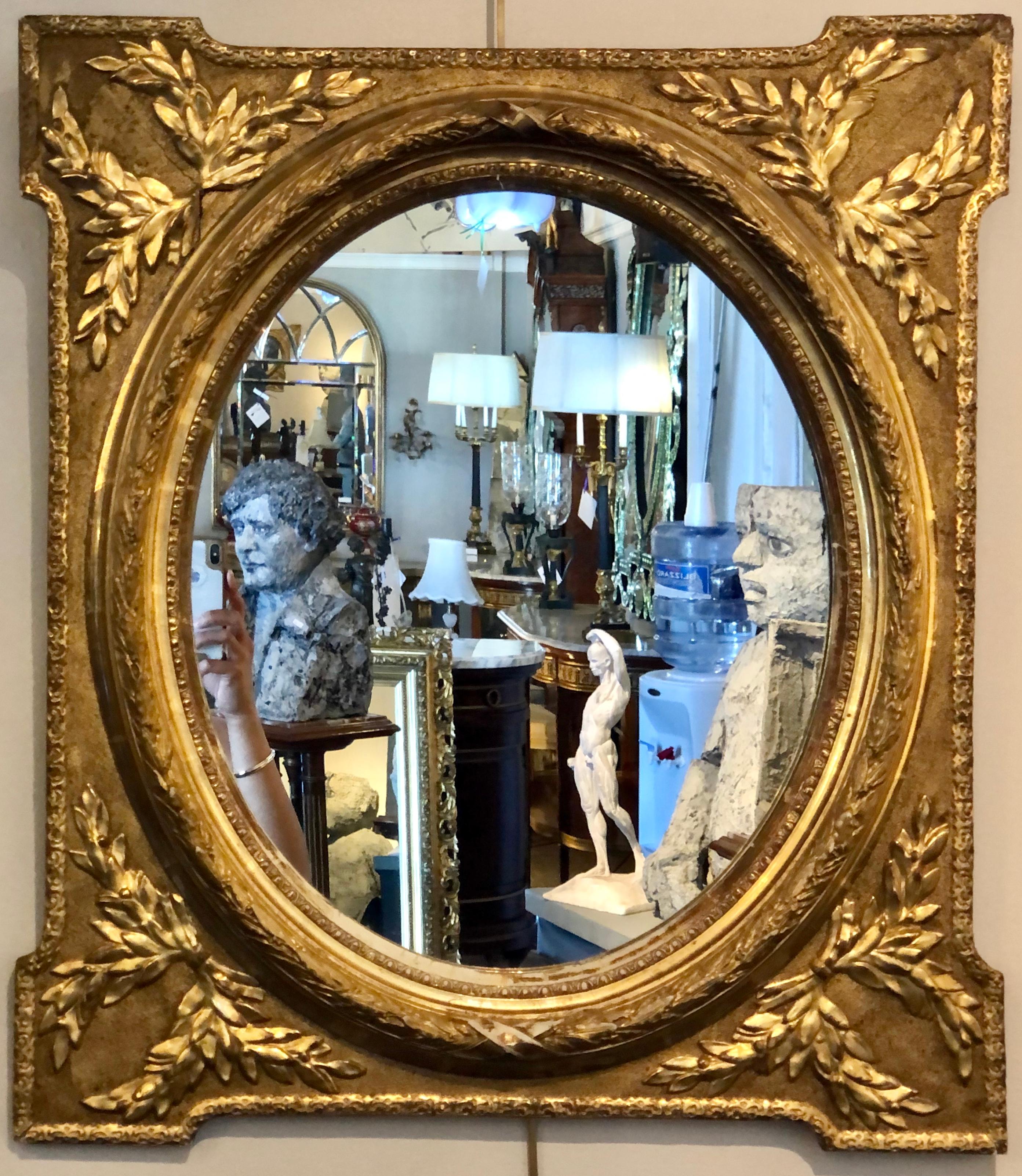 Hollywood Regency Louis XVI Style Pair of Mirror in Gilt Frames