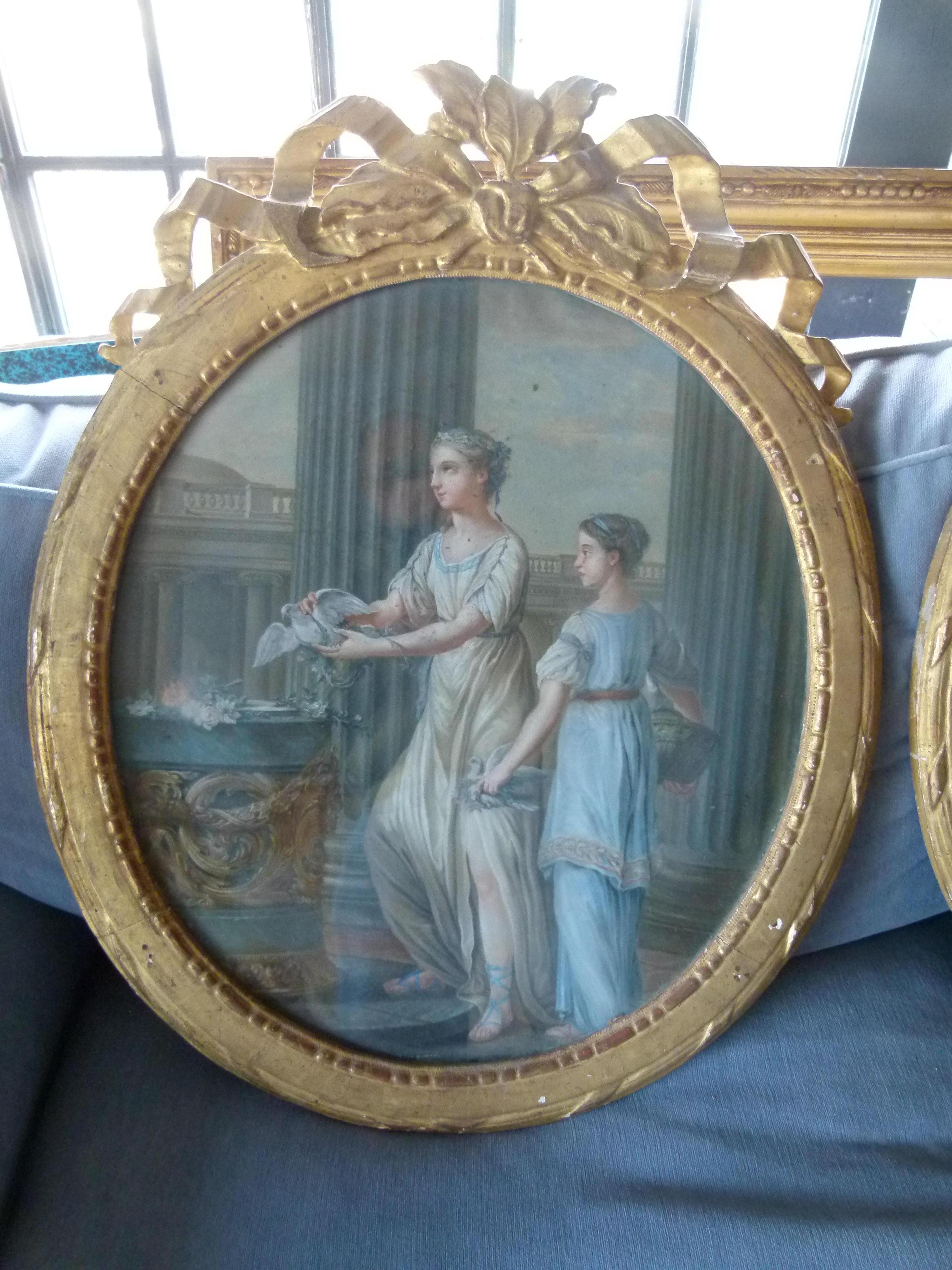 French Louis XVI Style Pair of Oval Shaped Pastel Paintings, France