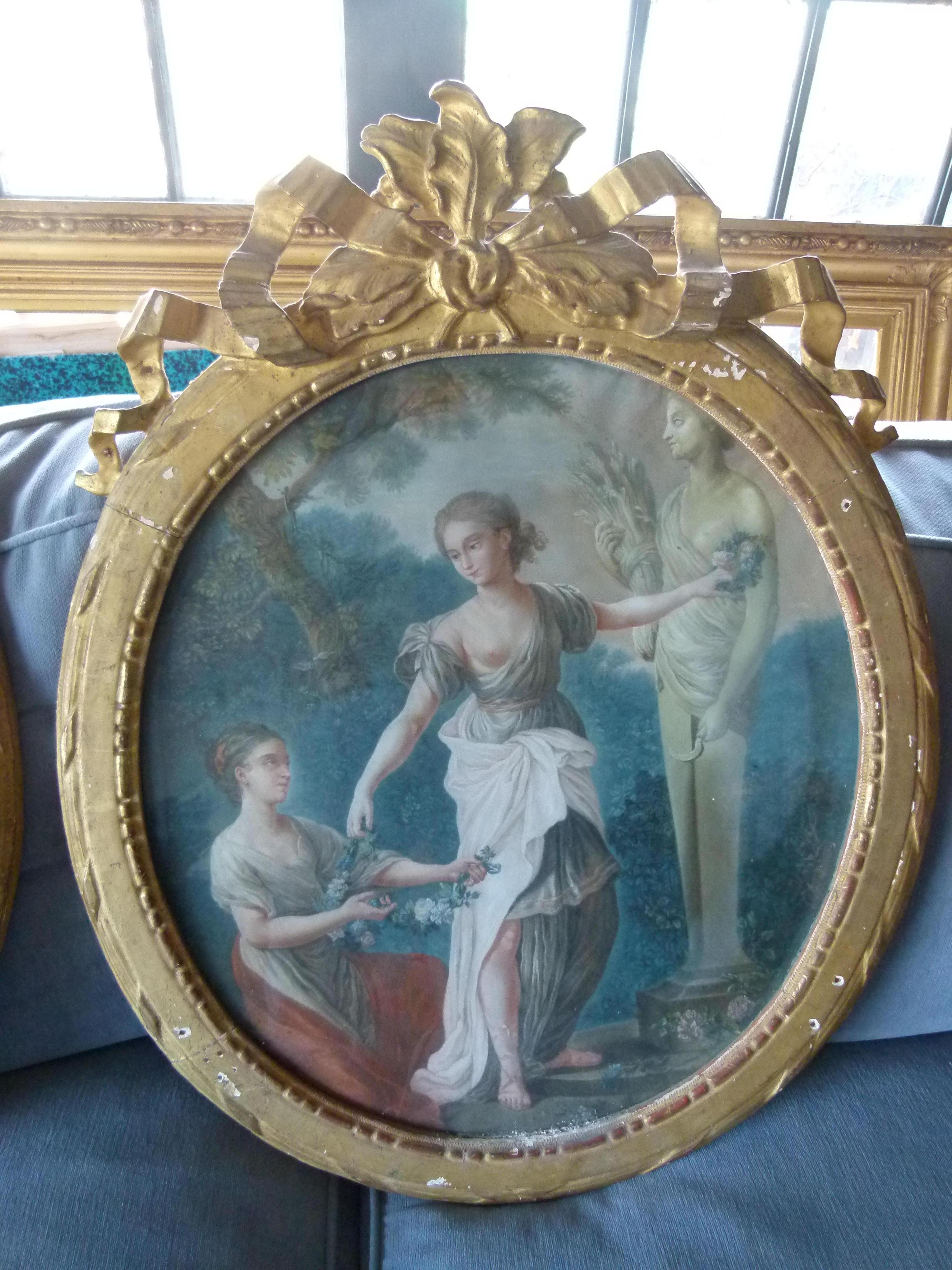 Hand-Painted Louis XVI Style Pair of Oval Shaped Pastel Paintings, France