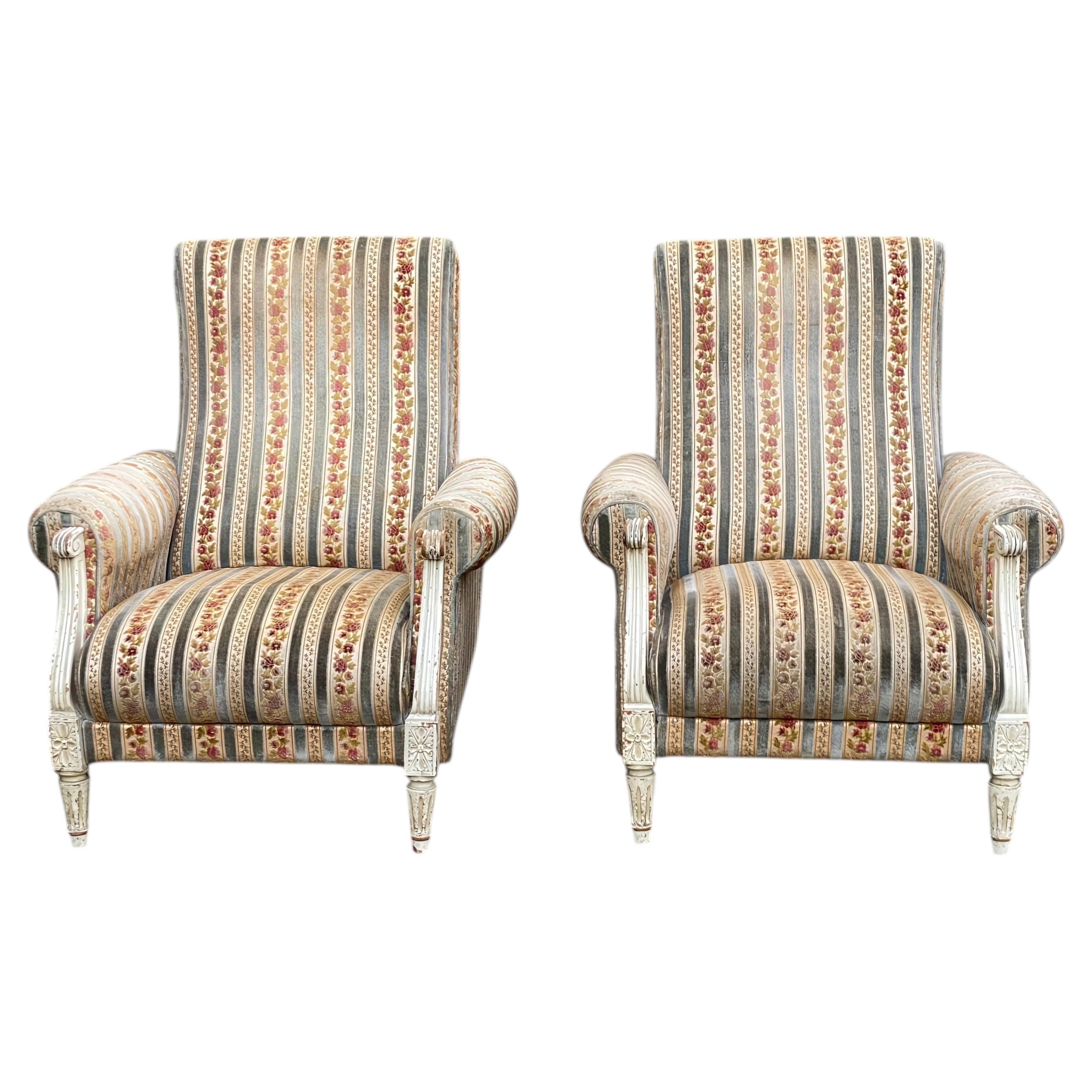 Louis XVI Style Pair of Painted Armchairs, Silk Velvet, France, 1940s