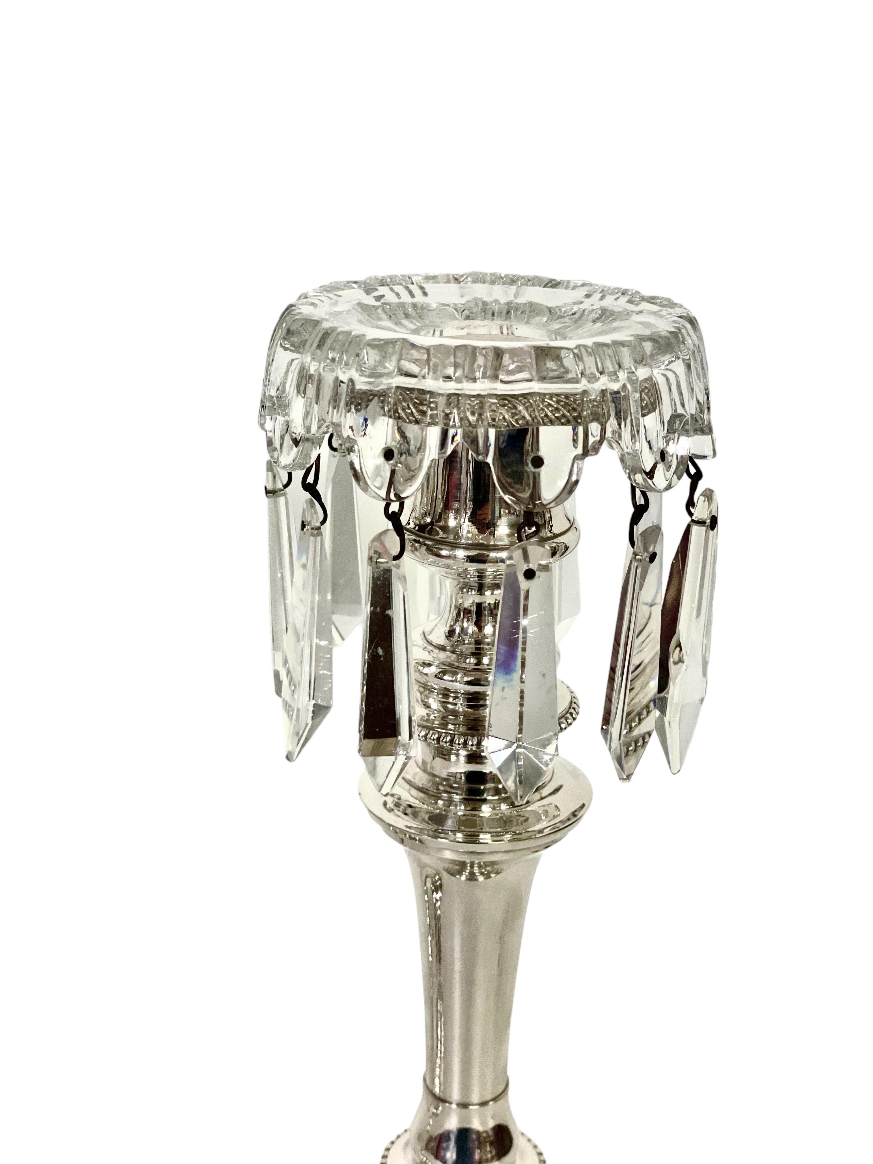 Louis XVI Style Pair of Silver Plated and Crystal Candle Holders by Morlot For Sale 5