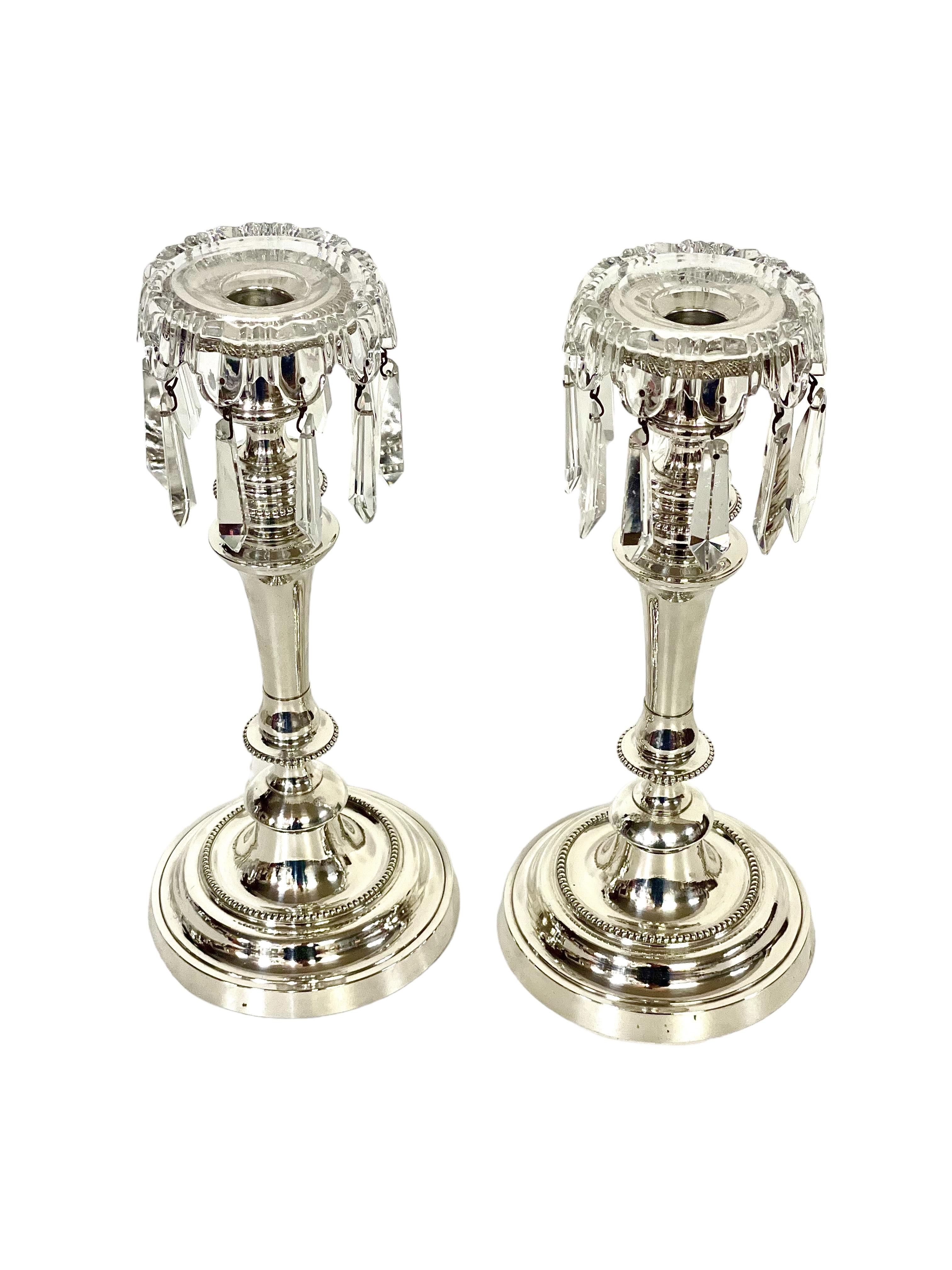 Louis XVI Style Pair of Silver Plated and Crystal Candle Holders by Morlot For Sale 7
