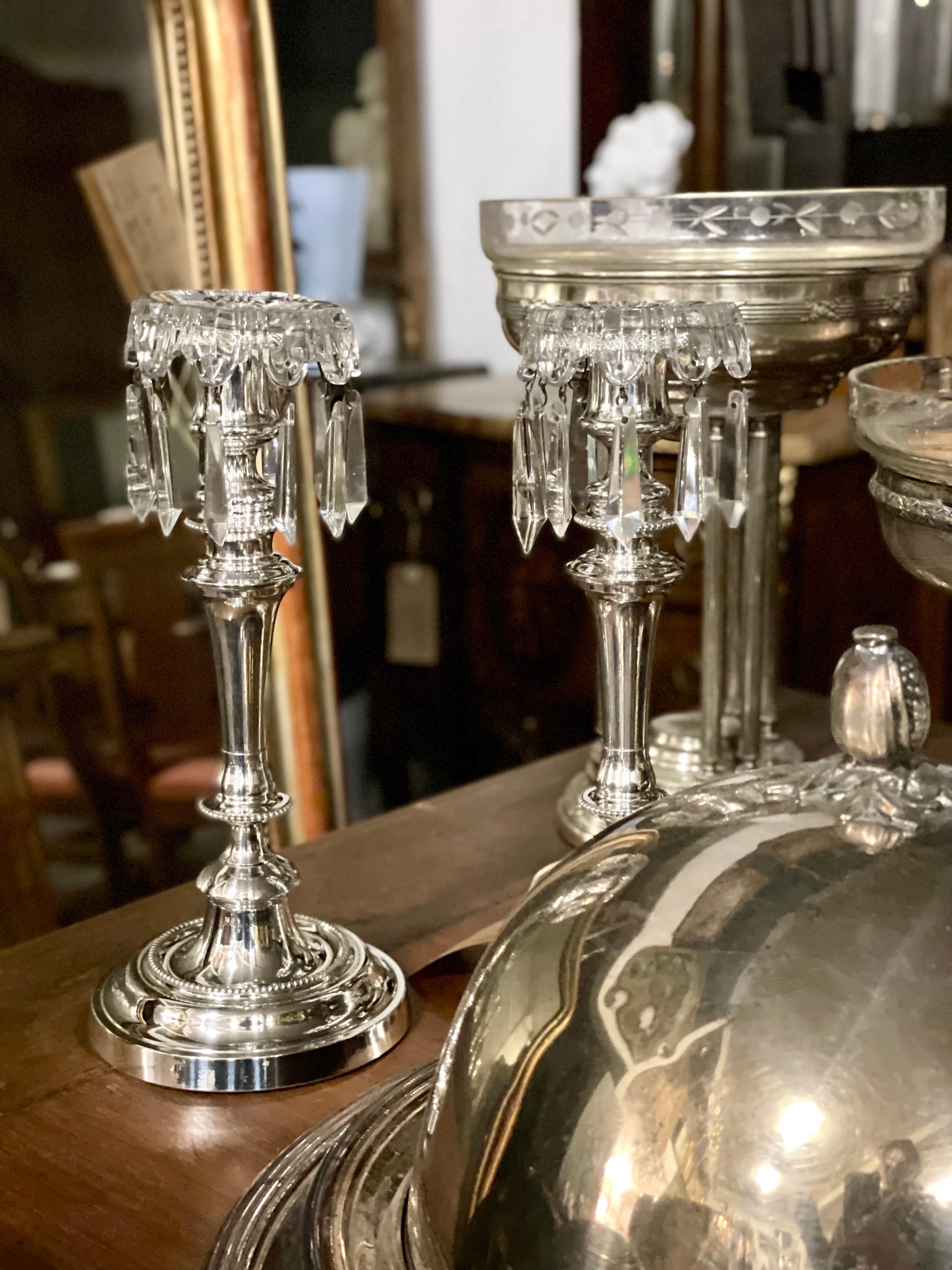 Louis XVI Style Pair of Silver Plated and Crystal Candle Holders by Morlot In Good Condition For Sale In LA CIOTAT, FR
