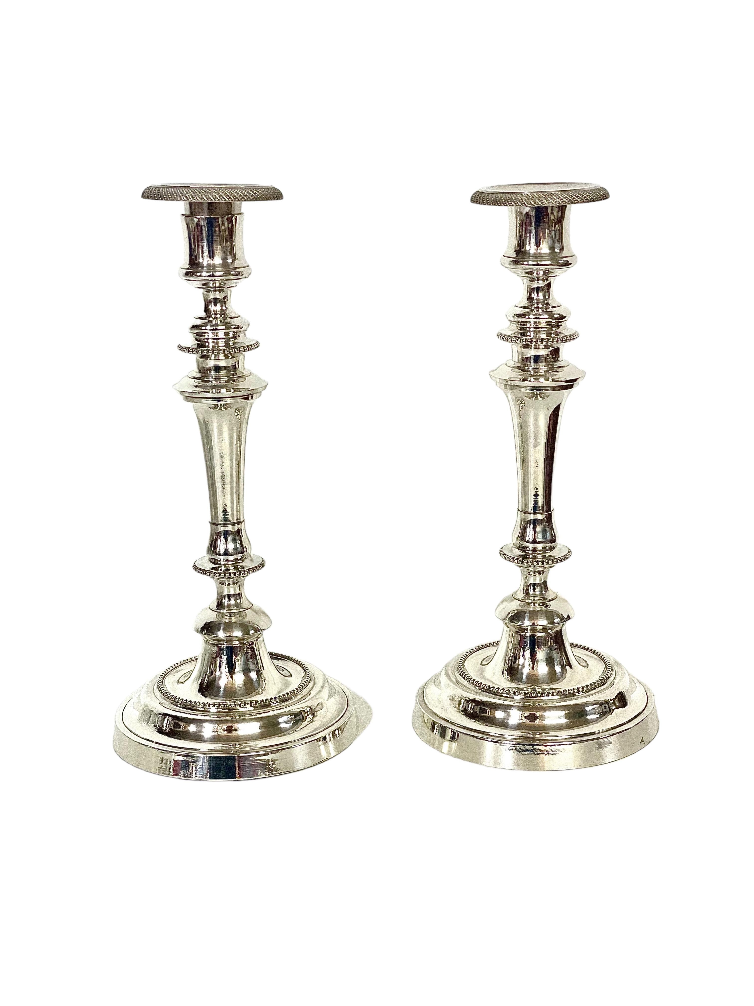 19th Century Louis XVI Style Pair of Silver Plated and Crystal Candle Holders by Morlot For Sale
