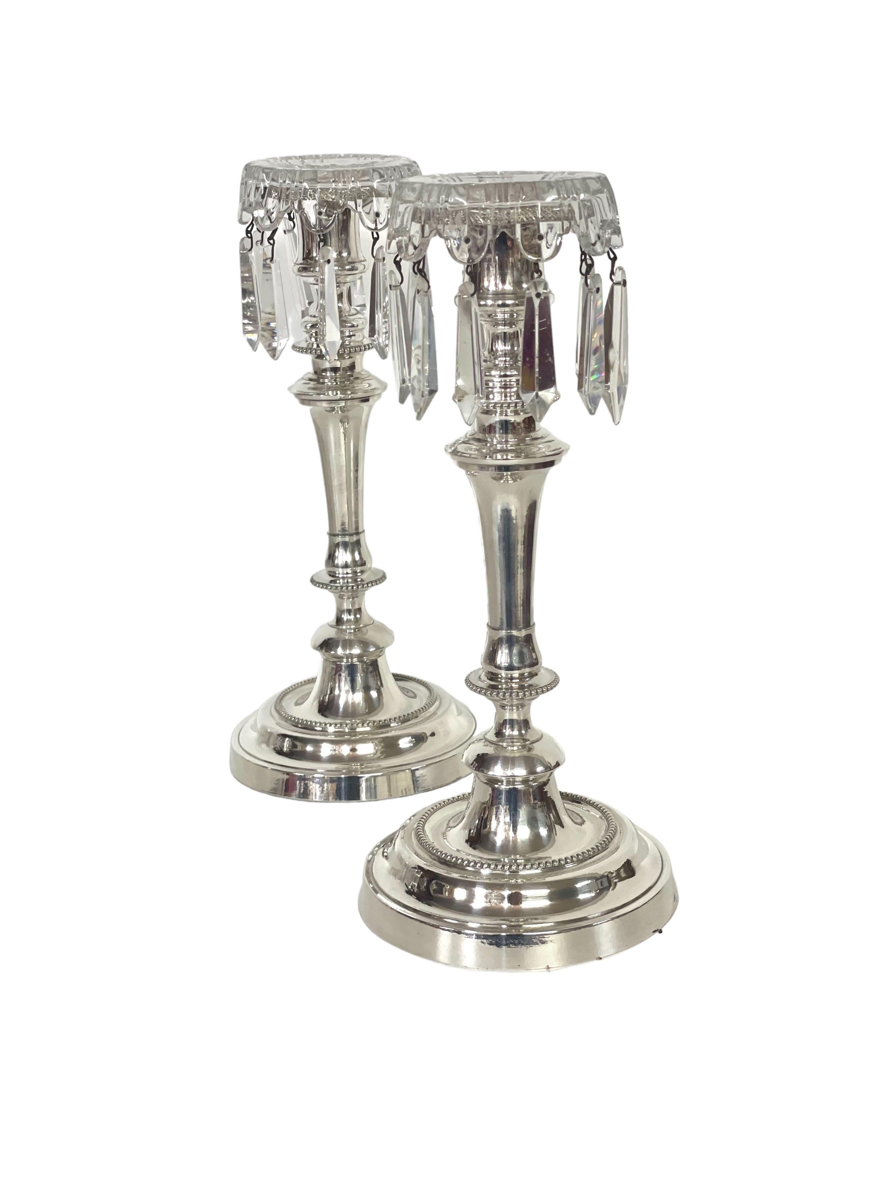 Louis XVI Style Pair of Silver Plated and Crystal Candle Holders by Morlot For Sale 2