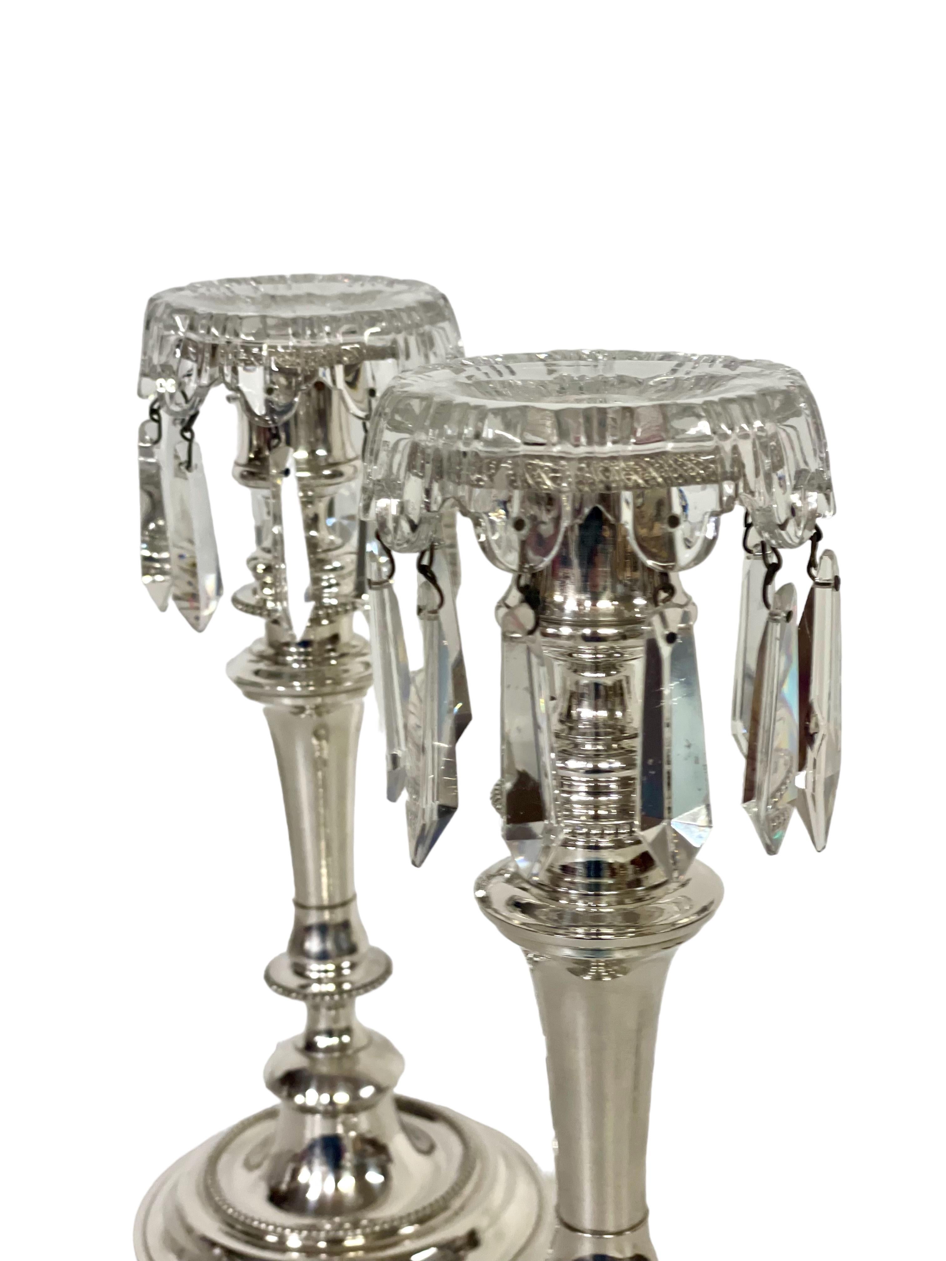 Louis XVI Style Pair of Silver Plated and Crystal Candle Holders by Morlot For Sale 4