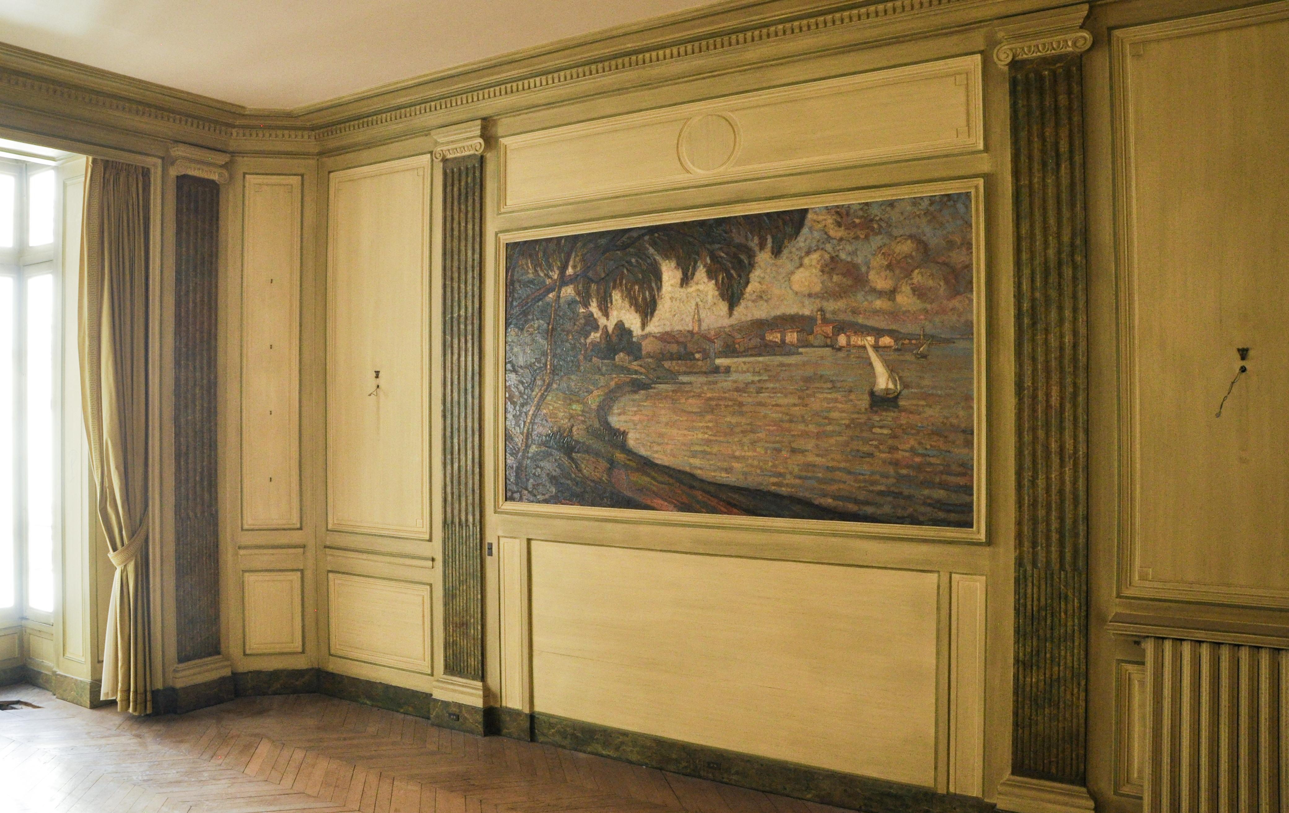 Louis XVI Style Panelling with Fireplace and a Marine Scene, Oil on Canvas For Sale 7
