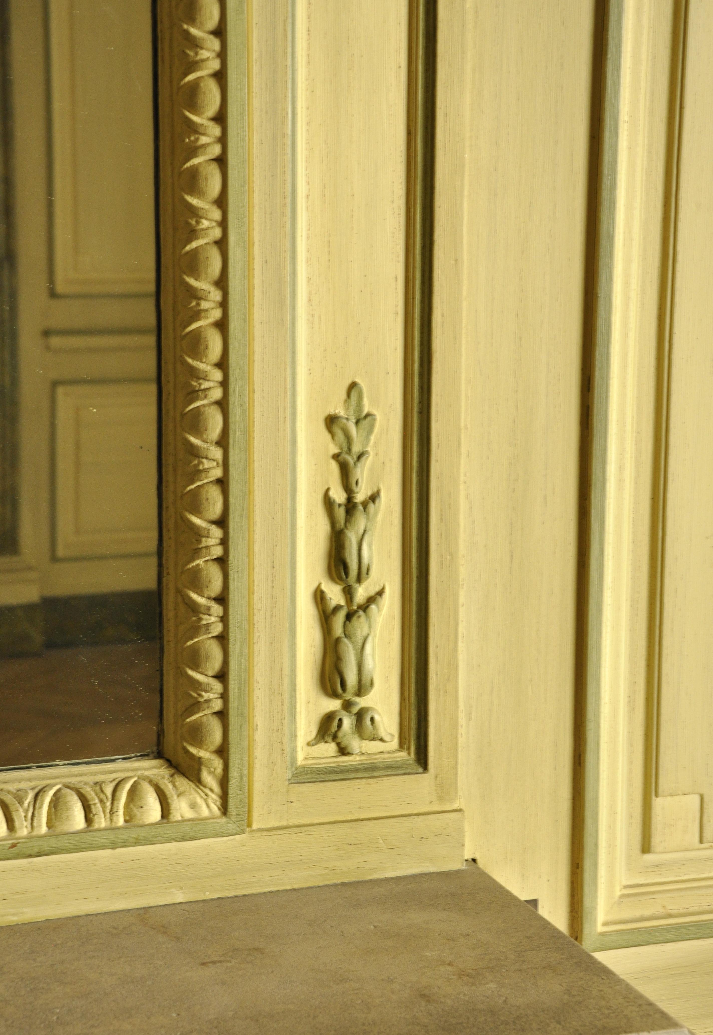 Hand-Painted Louis XVI Style Panelling with Fireplace and a Marine Scene, Oil on Canvas For Sale