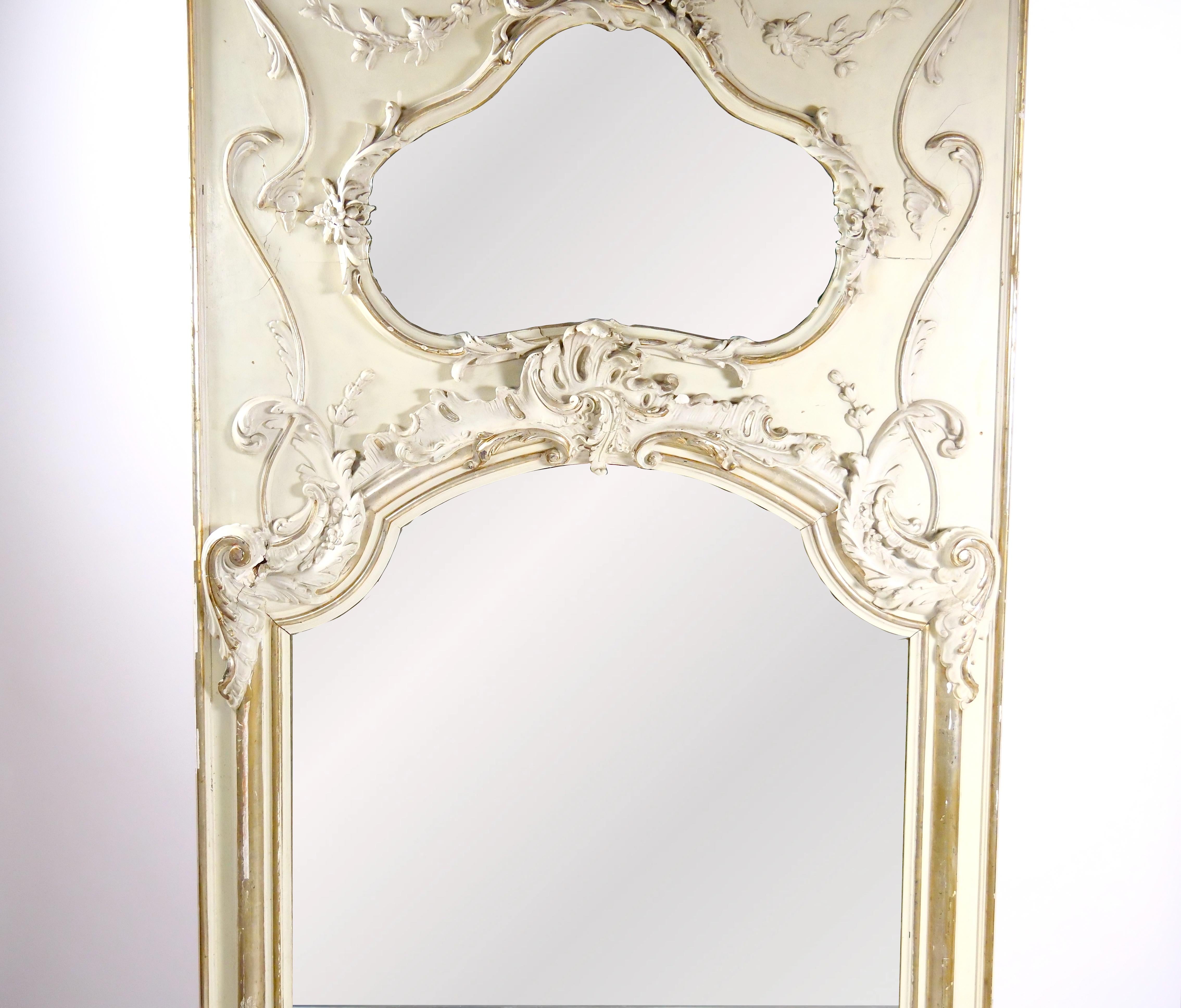 French Louis XVI Style Parcel Gilt / White Painted Pier  / Trumeau Mirror For Sale