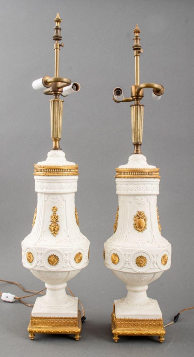 20th Century Louis XVI Style Parian Giltmetal Mounted Lamps, Pair For Sale
