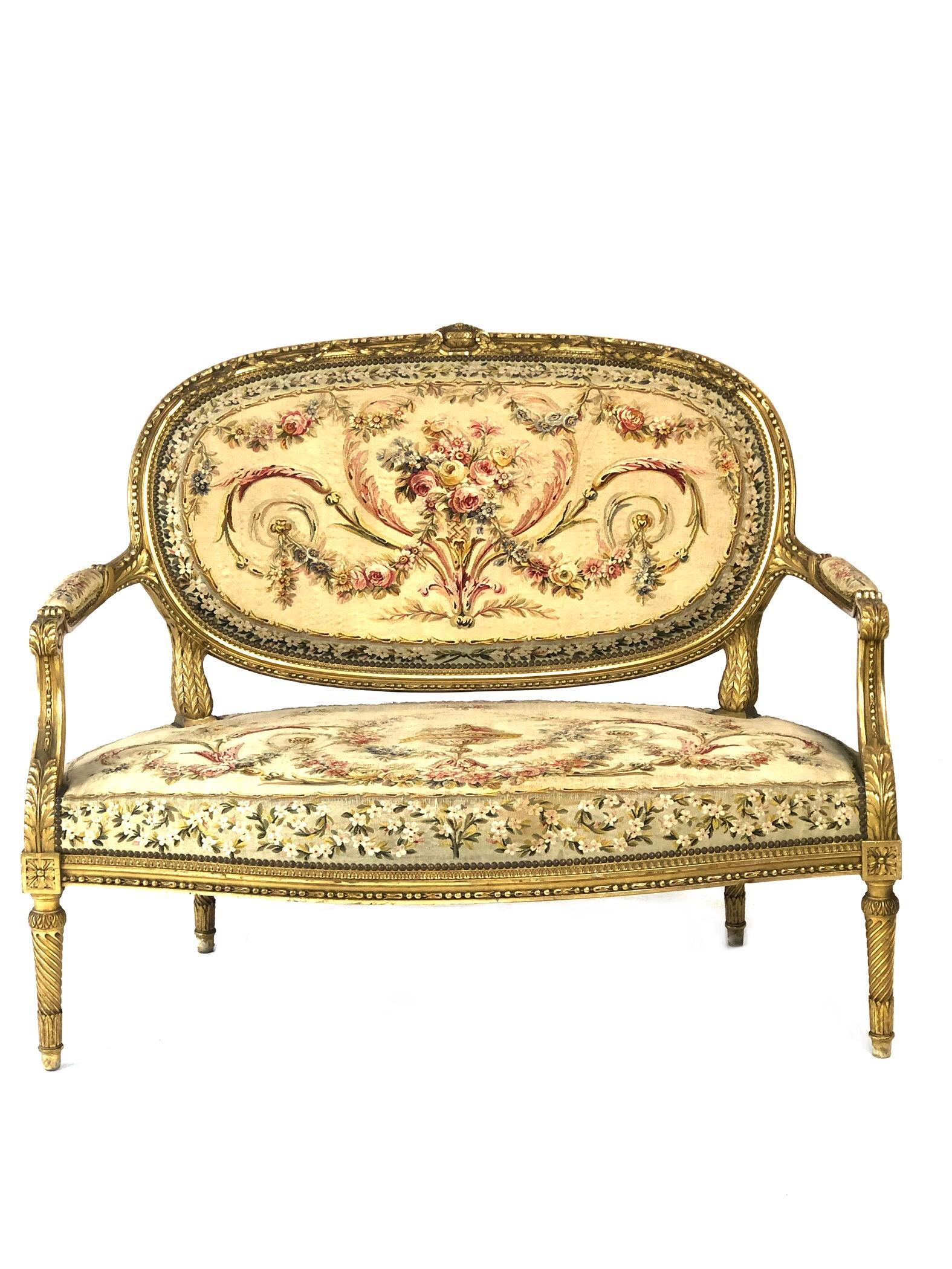 French Antique Louis XVI Style Parisian Giltwood 5 Pieces Salon Suite For Sale