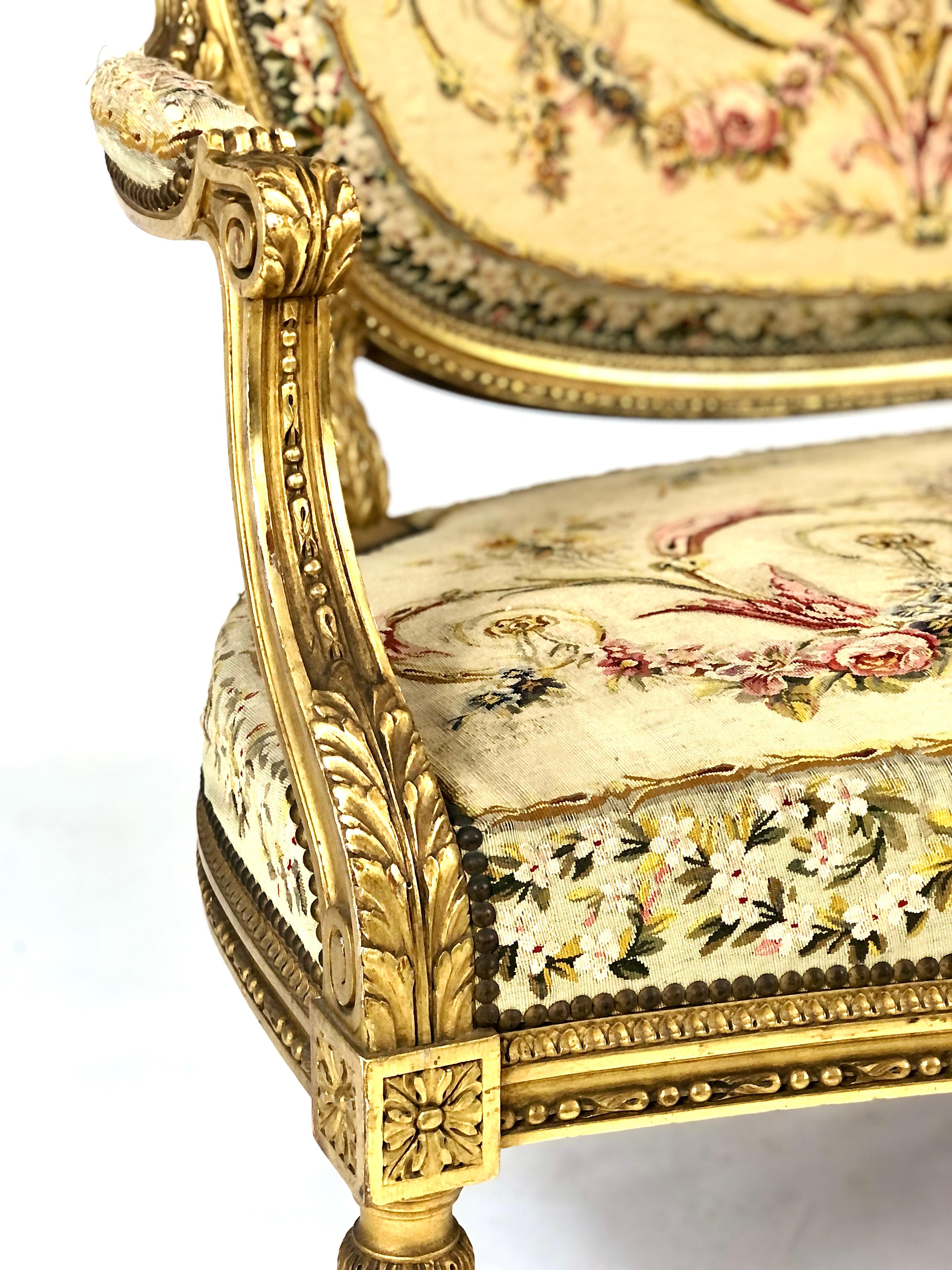 Giltwood Louis XVI Style Parisian Gilded 5 Pieces Salon Suite For Sale