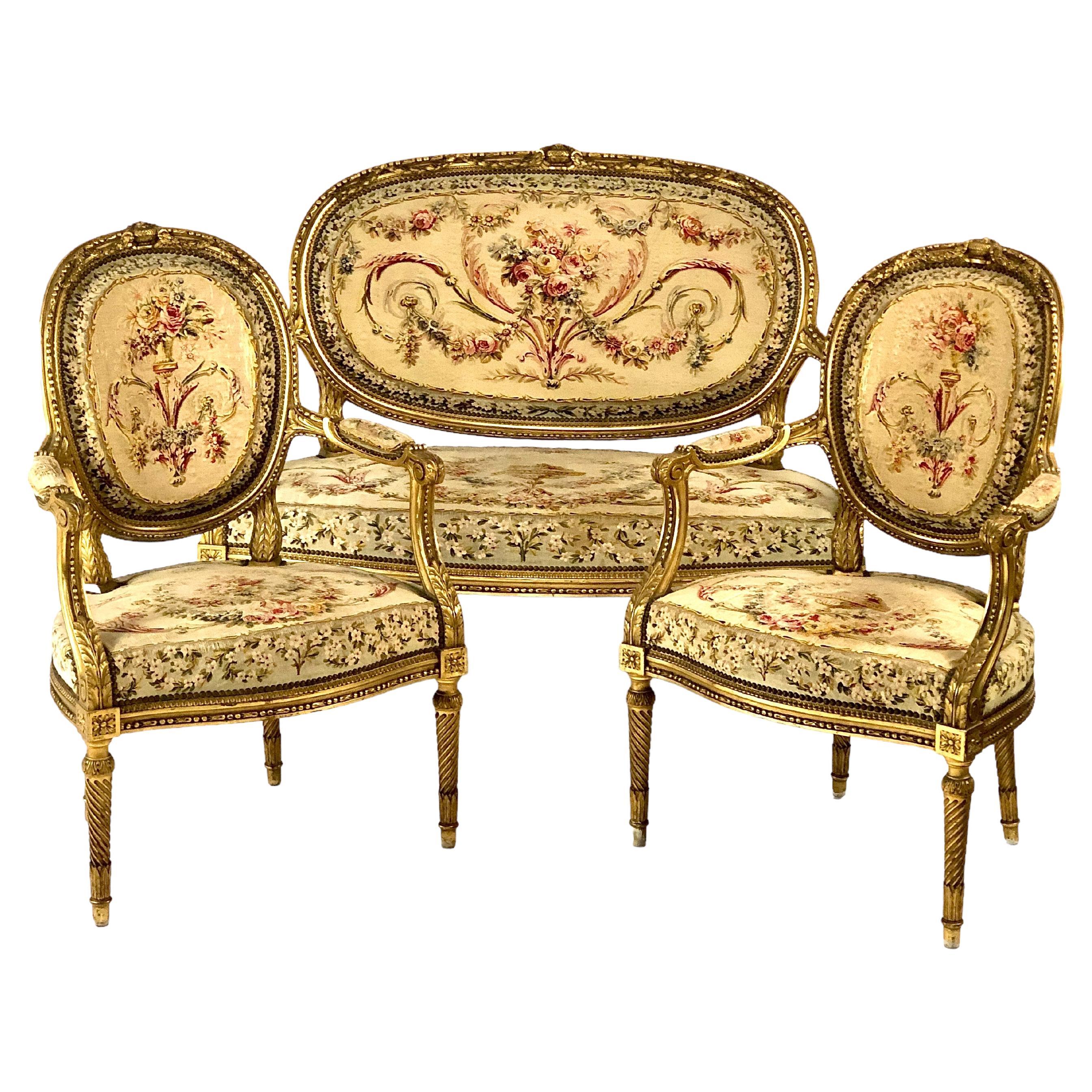 Louis XVI Style Parisian Gilded 5 Pieces Salon Suite For Sale