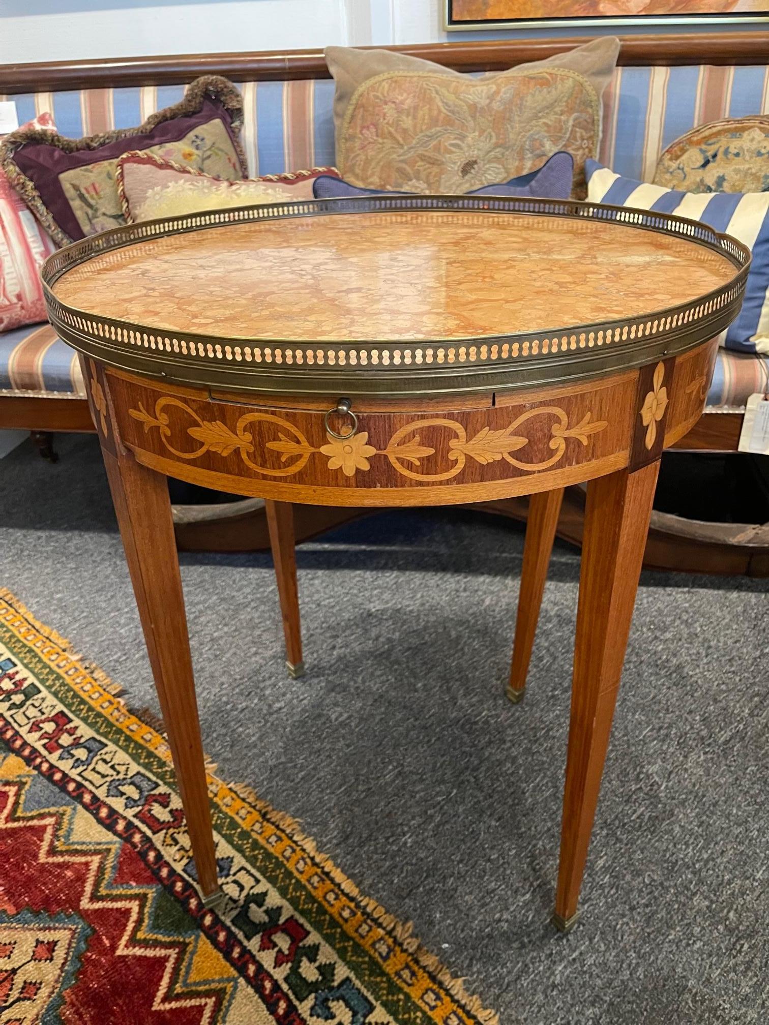 Louis XVI style Parquetry Bouillotte marble top side table, early 20th century.