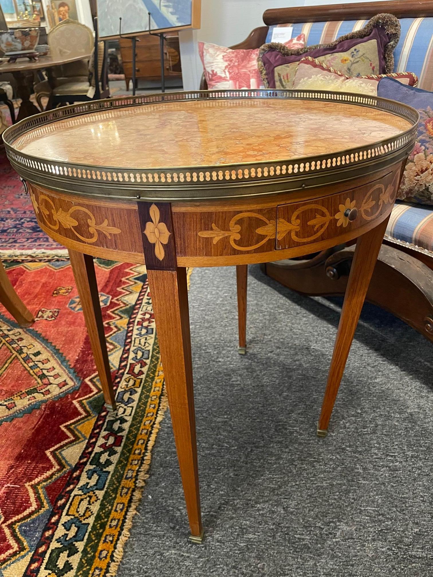 French Louis XVI Style Parquetry Bouillotte Marble Top Side Table, Early 20th Century