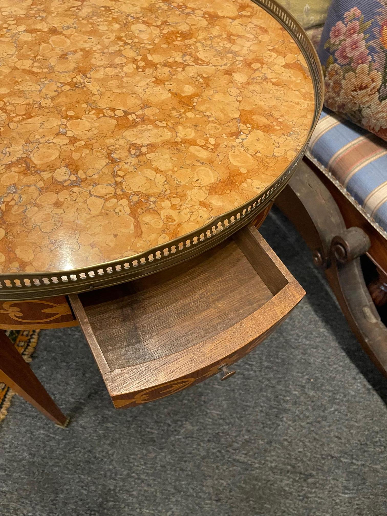 Louis XVI Style Parquetry Bouillotte Marble Top Side Table, Early 20th Century In Good Condition In Savannah, GA