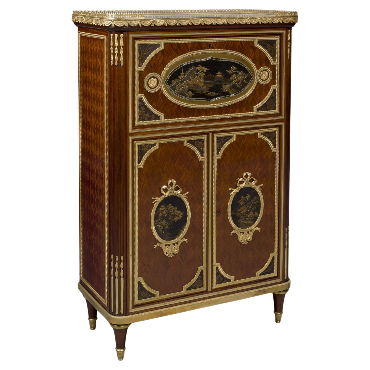 Louis XVI Style Parquetry, Gilt-Bronze and Lacquer Mounted Petit Secretaire Cabi For Sale