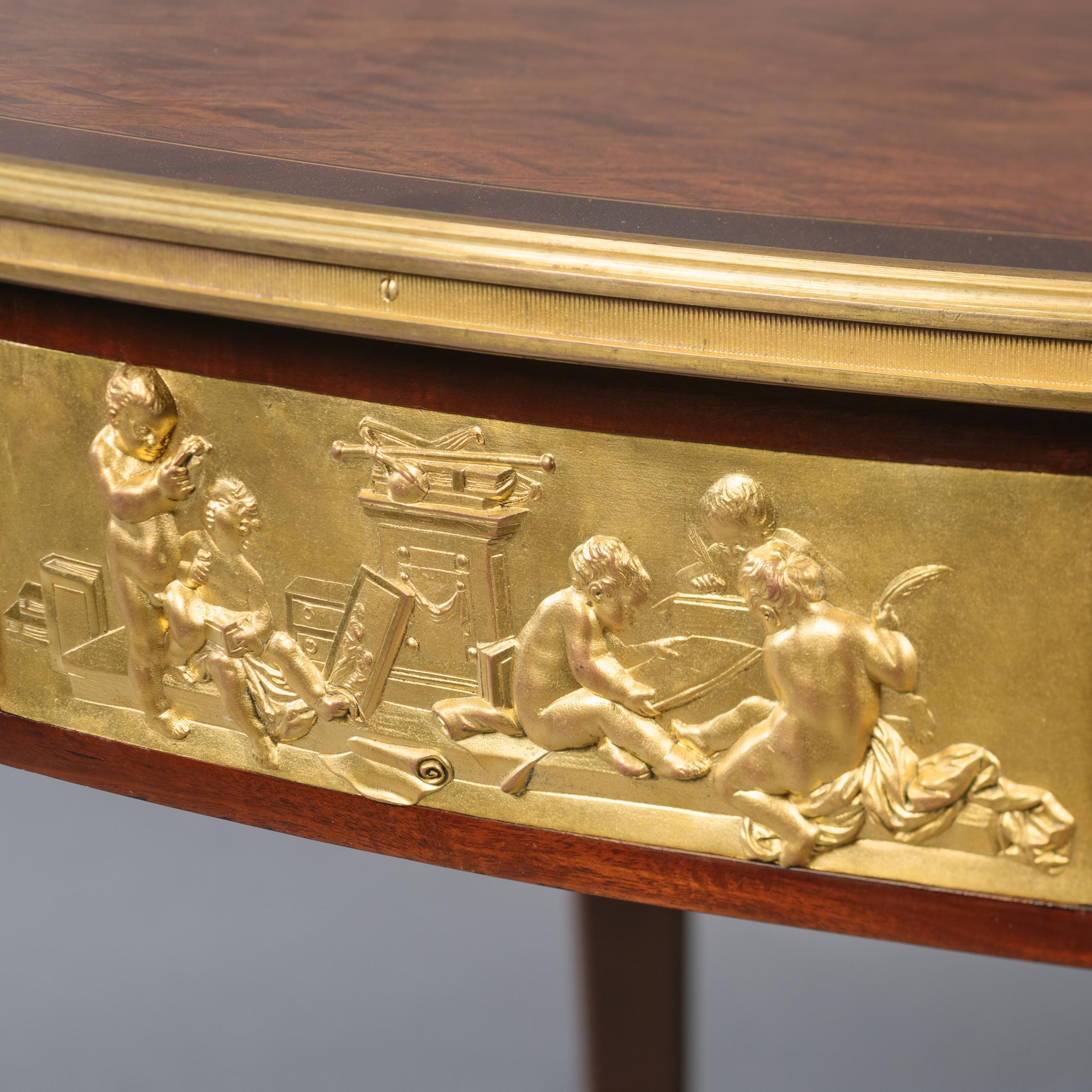 A fine Louis XVI style gilt-bronze mounted and parquetry inlaid centre table, by François Linke.

Signed 'F. Linke' to the bronze rim.
Stamped 'FL' to the reverse of the bronze mounts.

This fine oval centre table has a parquetry inlaid top