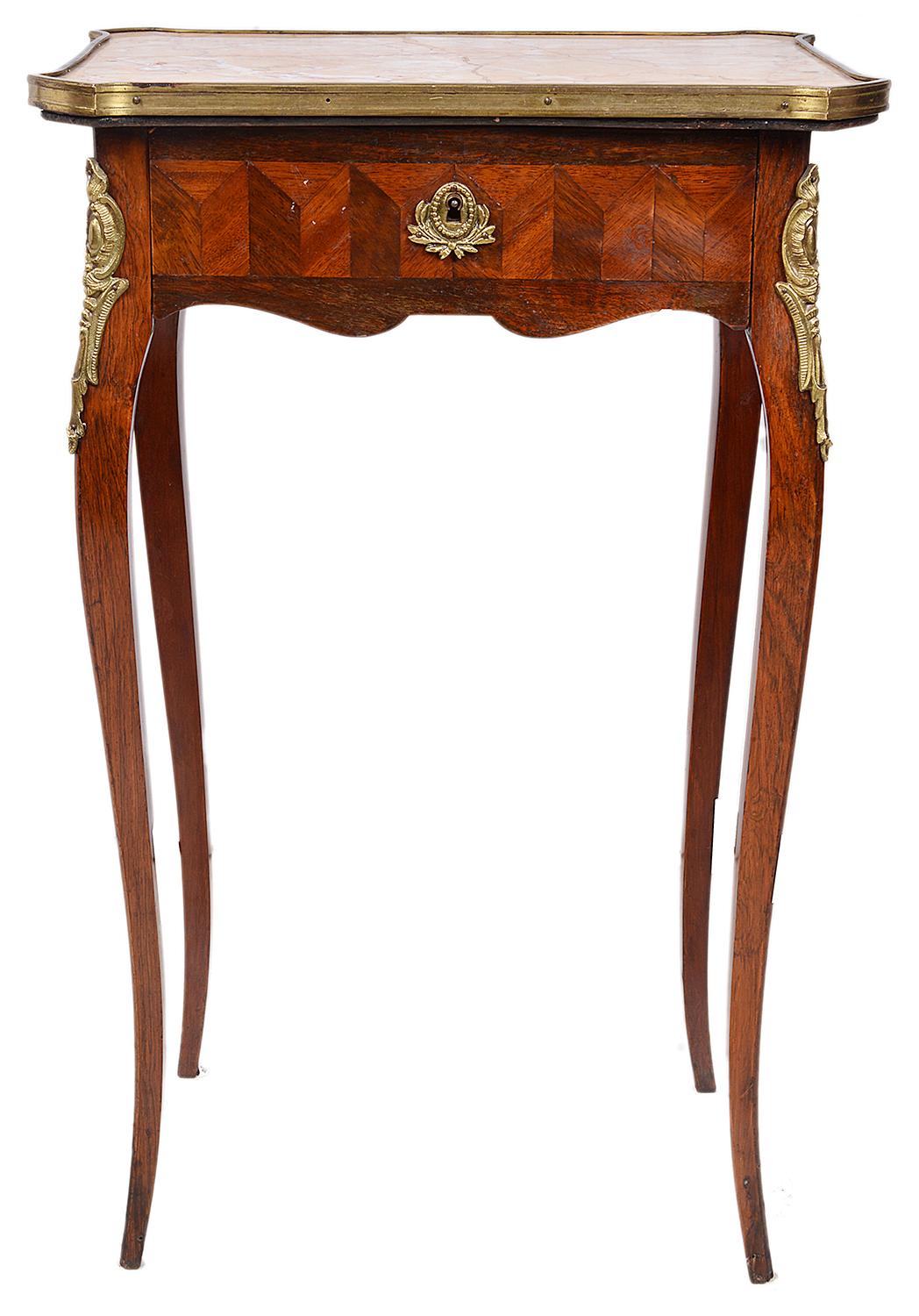 A good quality late 19th century Louis XVI style side table, having a Sienna marble top, a single frieze drawer, parquetry inlaid decoration to the frieze, raised on elegant cabriole legs.
