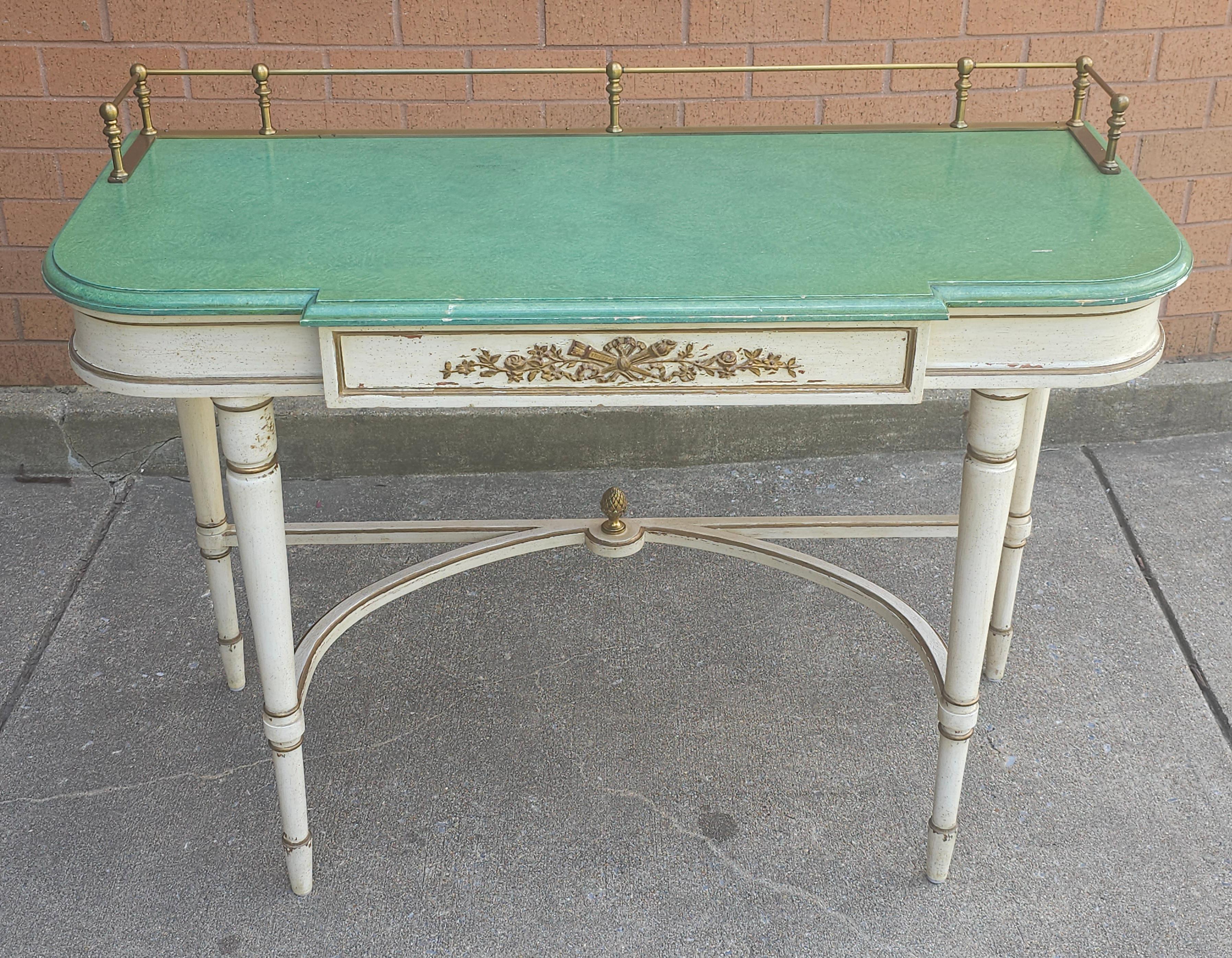 Enameled Louis XVI Style Partial Gilt, Cream and Green Enamel Painted Console Table For Sale