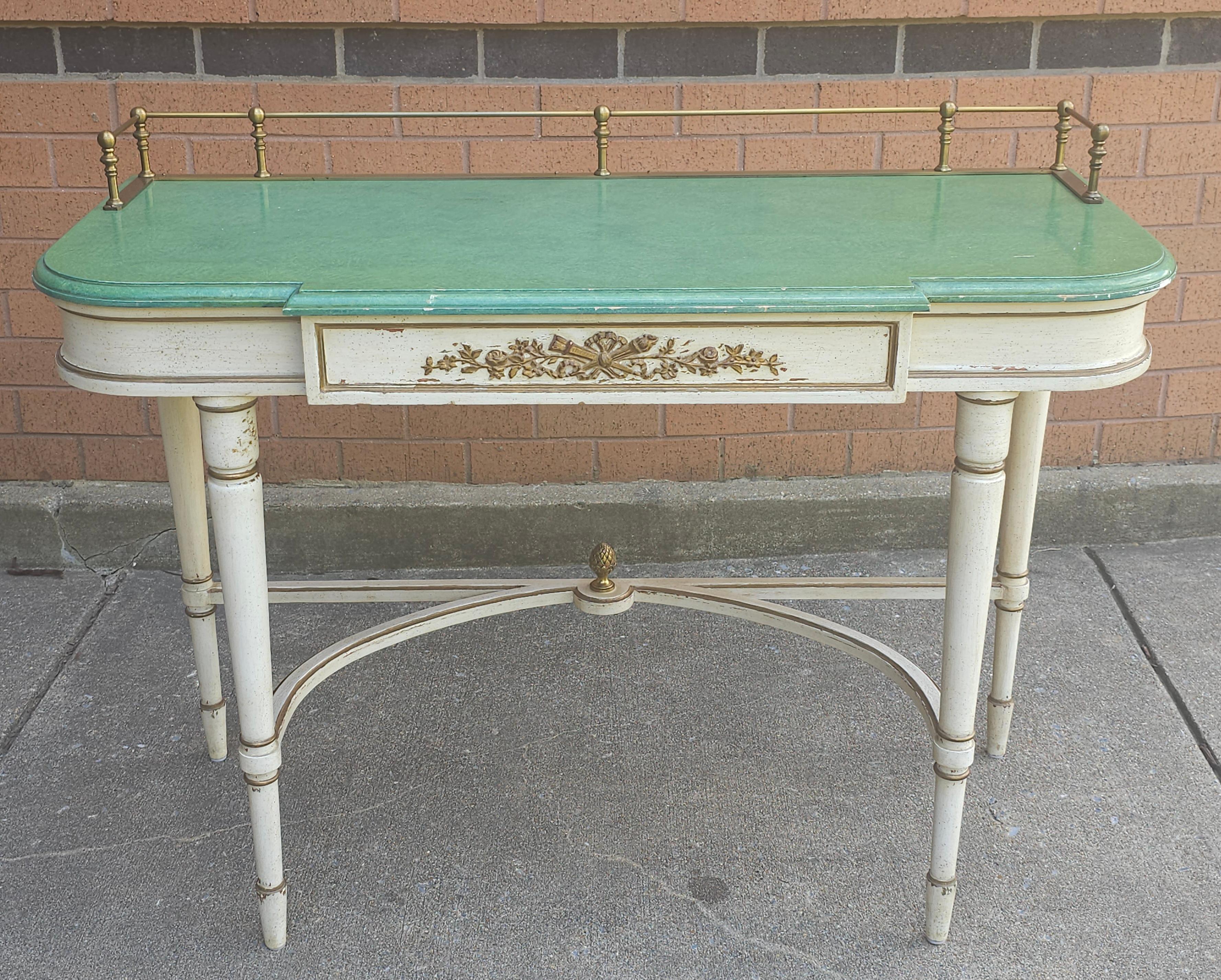 Brass Louis XVI Style Partial Gilt, Cream and Green Enamel Painted Console Table For Sale