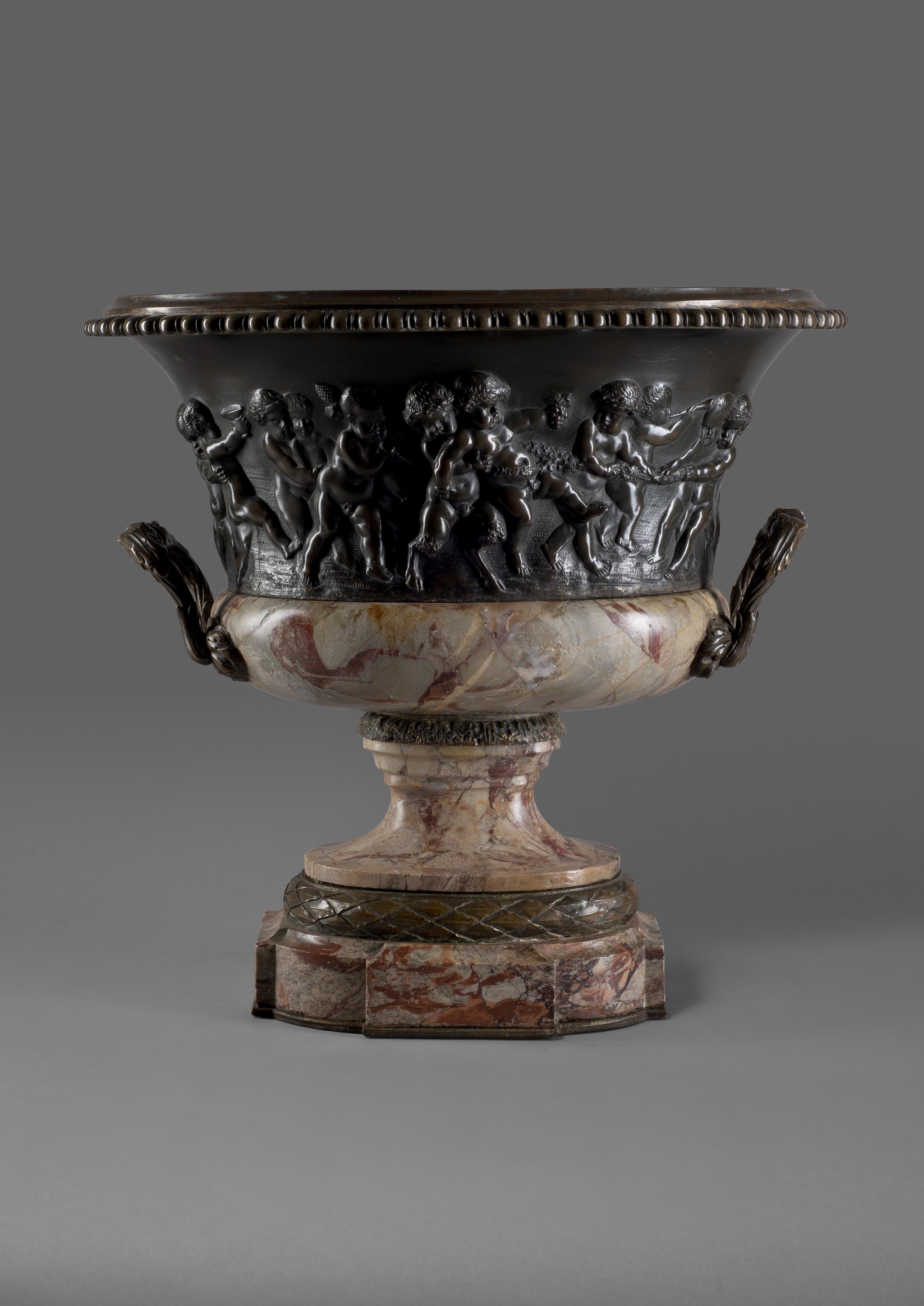 French Louis XVI Style Patinated Bronze and Marble Jardinière after Clodion, circa 1870 For Sale