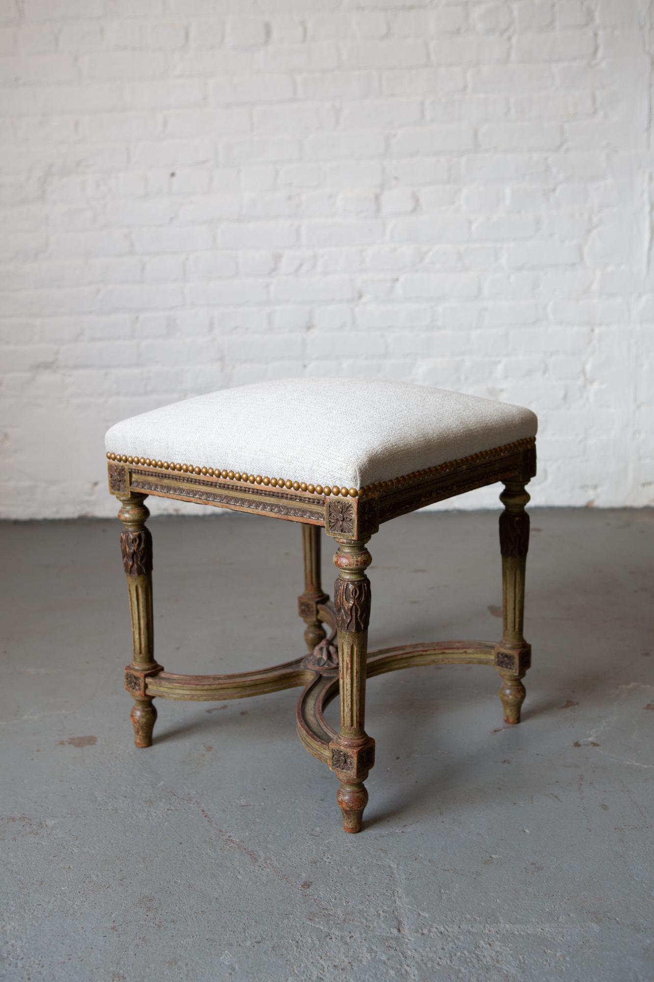 Louis XVI Style Patinated Green Carved Wood Stool For Sale 3