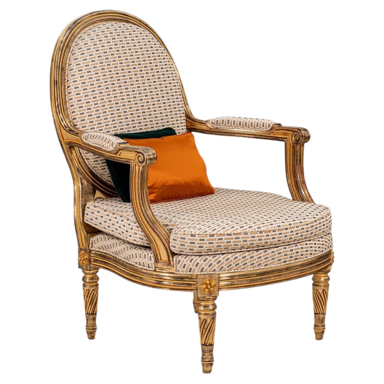 Louis XVI-Style Patterned Golden Armchair For Sale