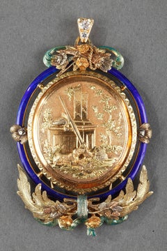 Louis XVI Style Pendant in Gold, Enamel, Diamond, 19th Century