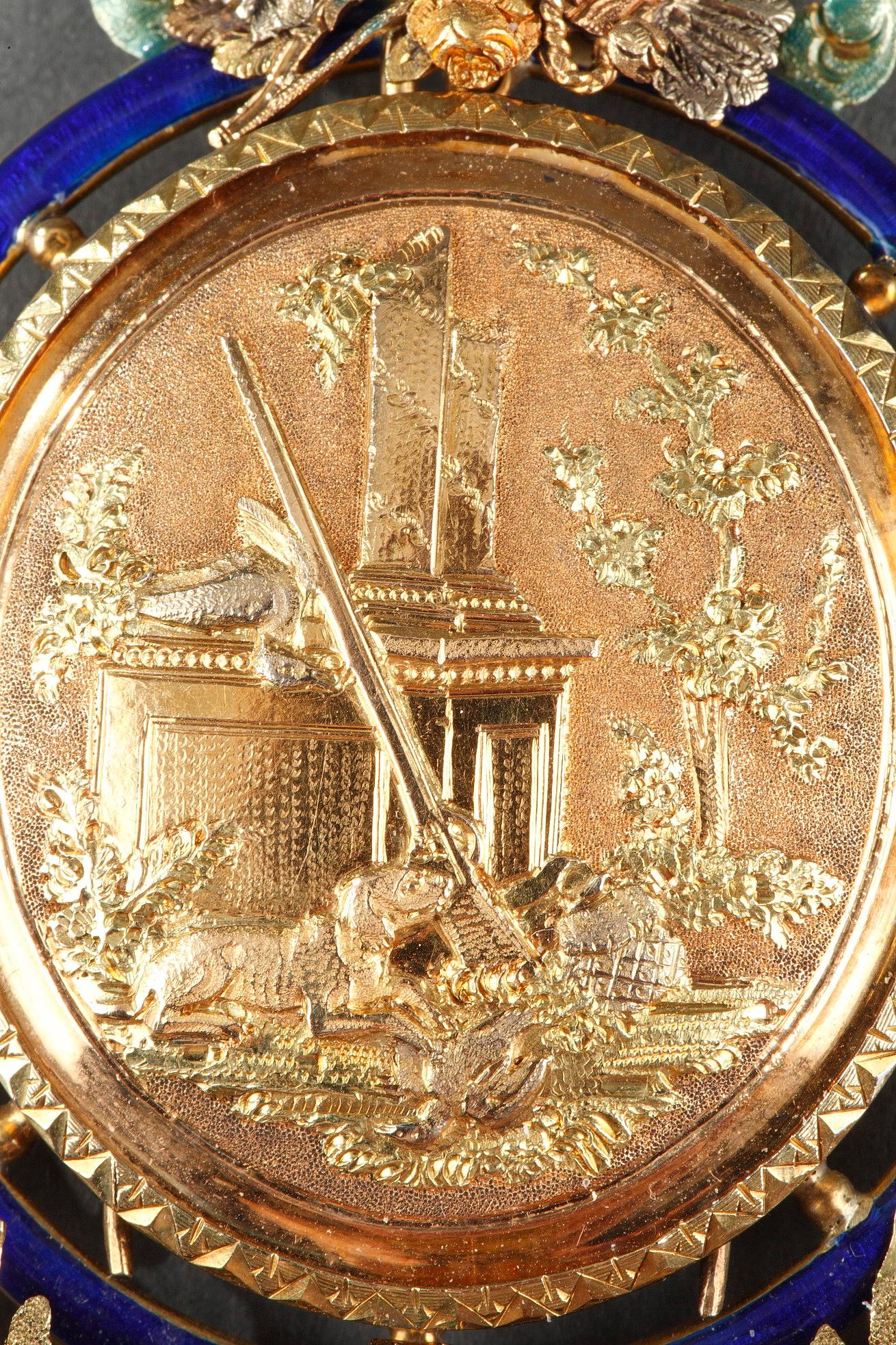 Antique Cushion Cut Louis XVI Style Pendant in Gold, Enamel, Diamond, 19th Century For Sale