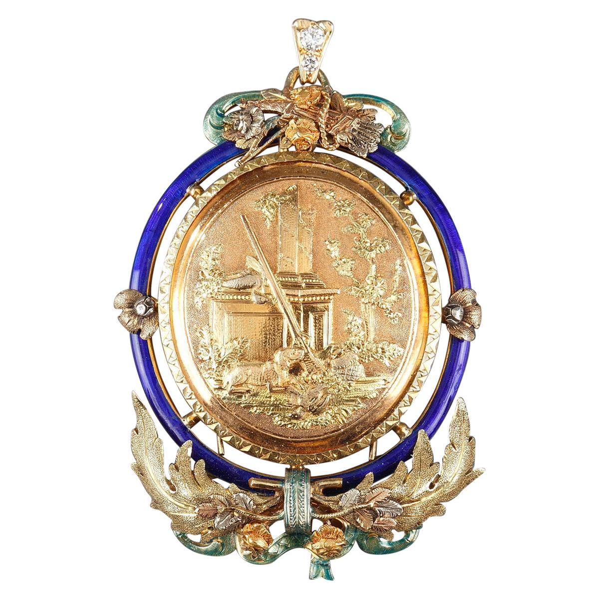 Louis XVI Style Pendant in Gold, Enamel, Diamond, 19th Century For Sale