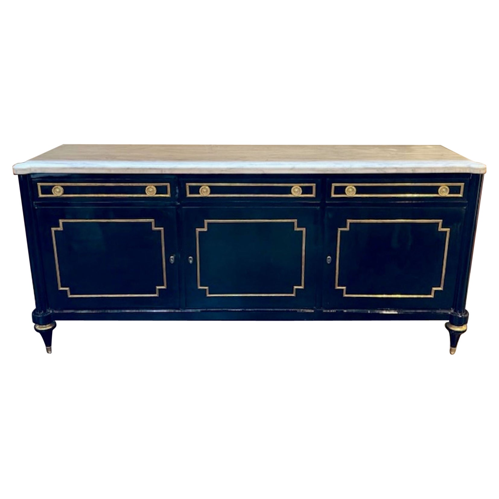 Louis XVI Style Piano Black Sideboard with a Marble Top For Sale