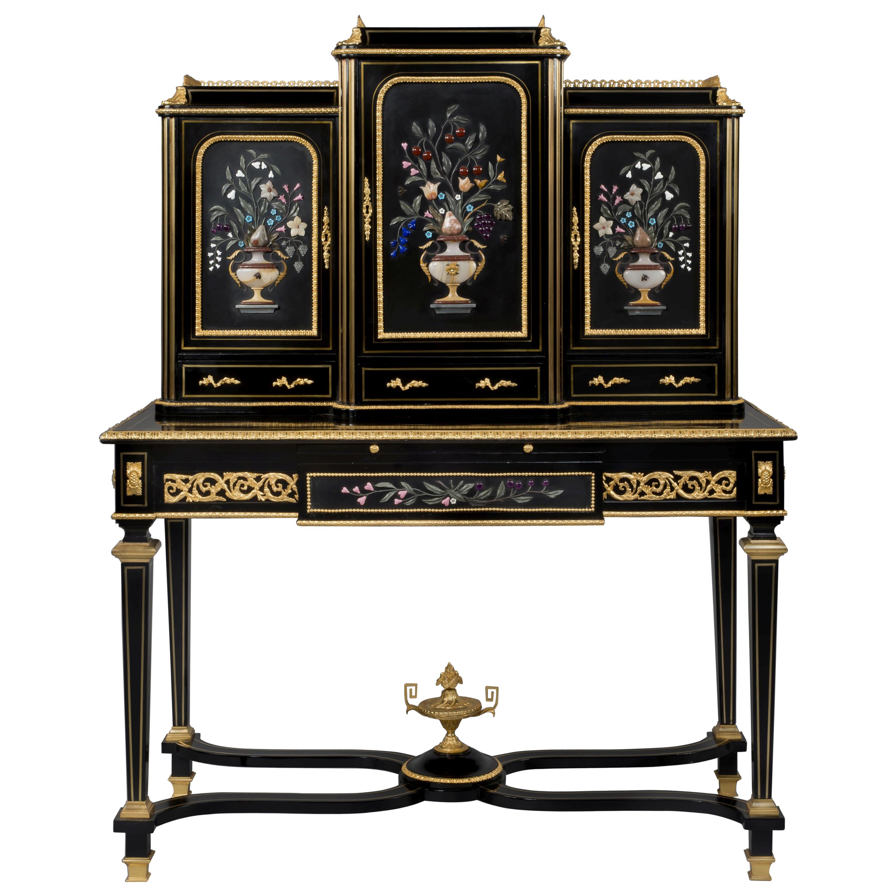 Louis XVI Style Pietre Dure Mounted Ebonised Writing Table, circa 1870