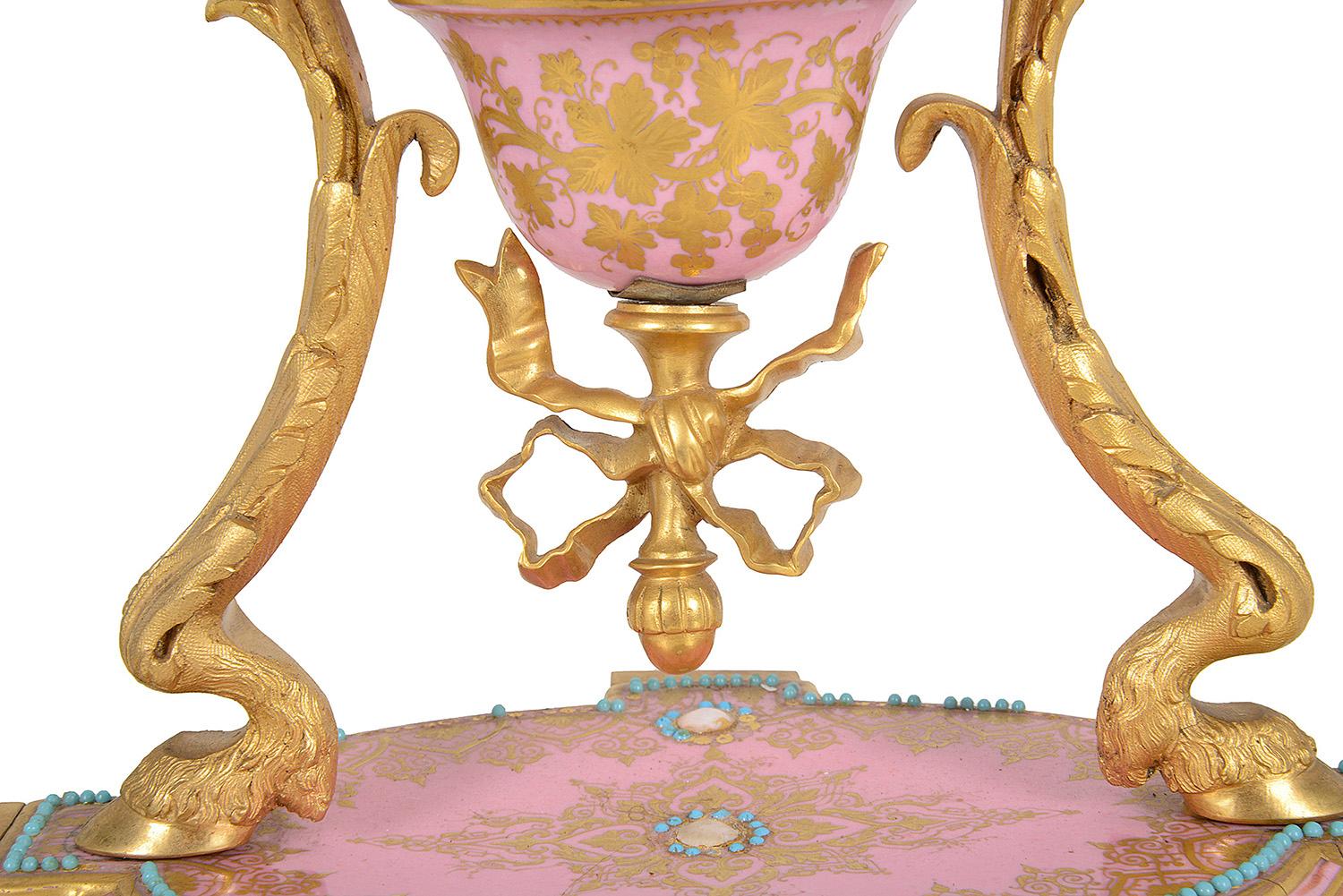 Gilt Louis XVI Style Pink Porcelain Mantel Clock, 19th Century For Sale