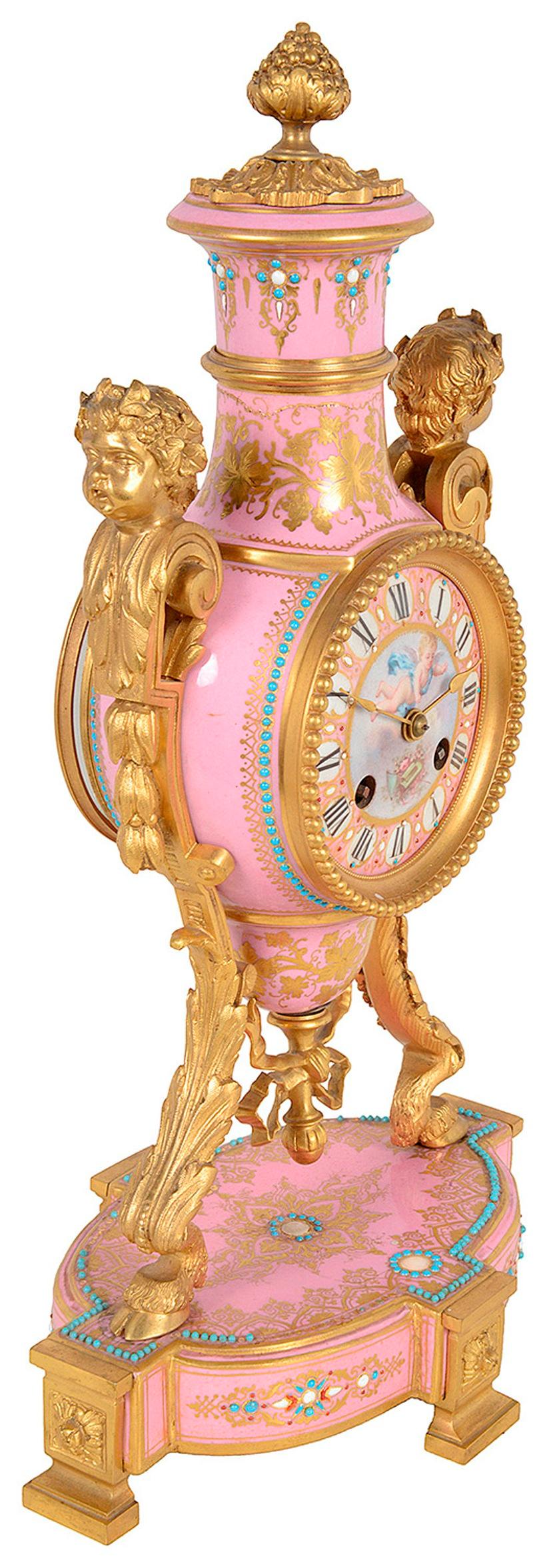 Louis XVI Style Pink Porcelain Mantel Clock, 19th Century In Good Condition For Sale In Brighton, Sussex