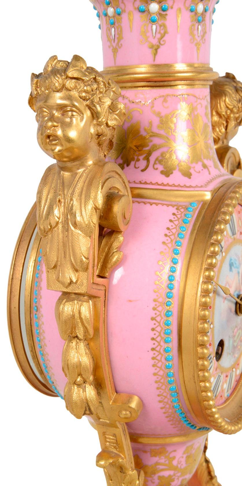 Louis XVI Style Pink Porcelain Mantel Clock, 19th Century For Sale 2